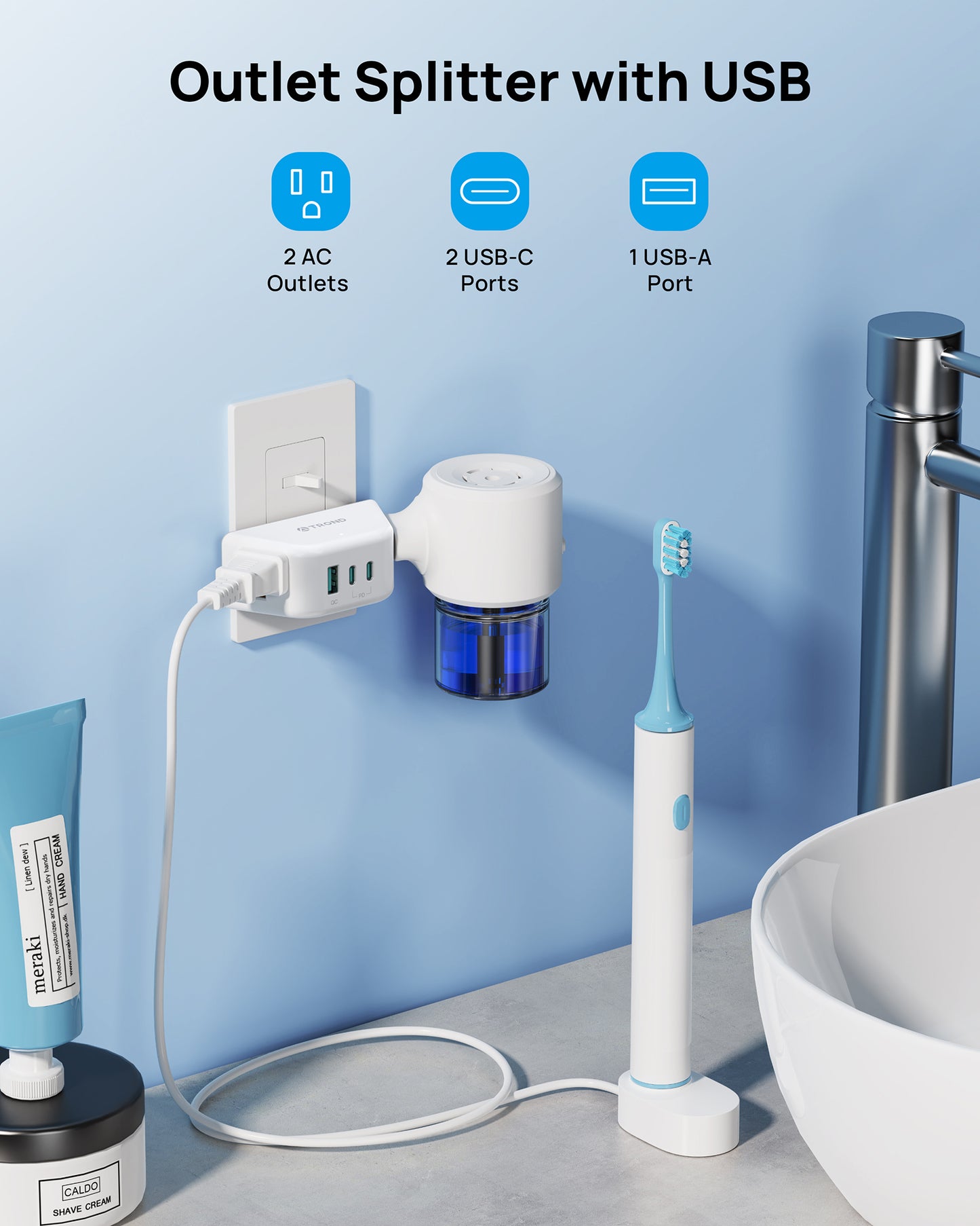 Outlet Extender with USB C PD 20W, Outlet Splitter with 2 AC Sockets