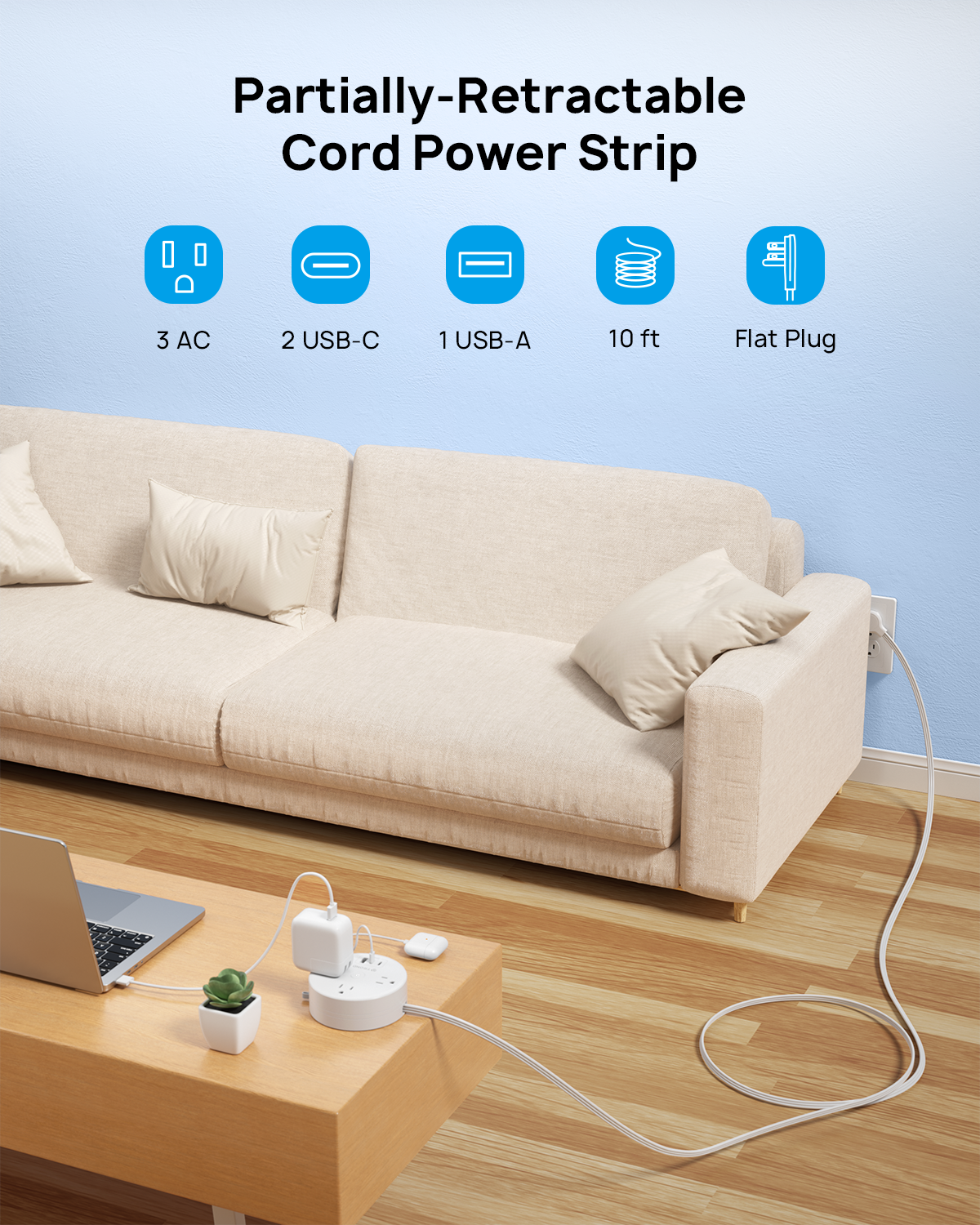 Flat Plug Power Strip - Extension Cord 10FT Partially-Retractable
