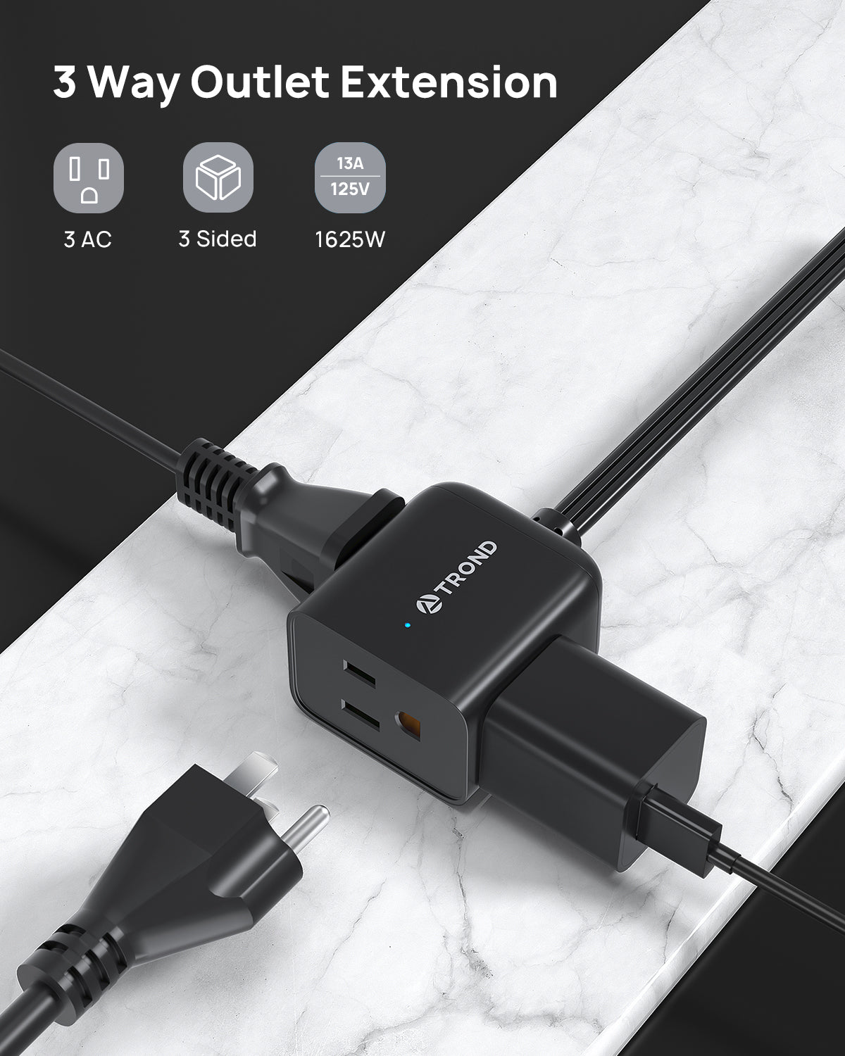 Short Flat Extension Cord- Left Angled Flat Plug Power Strip