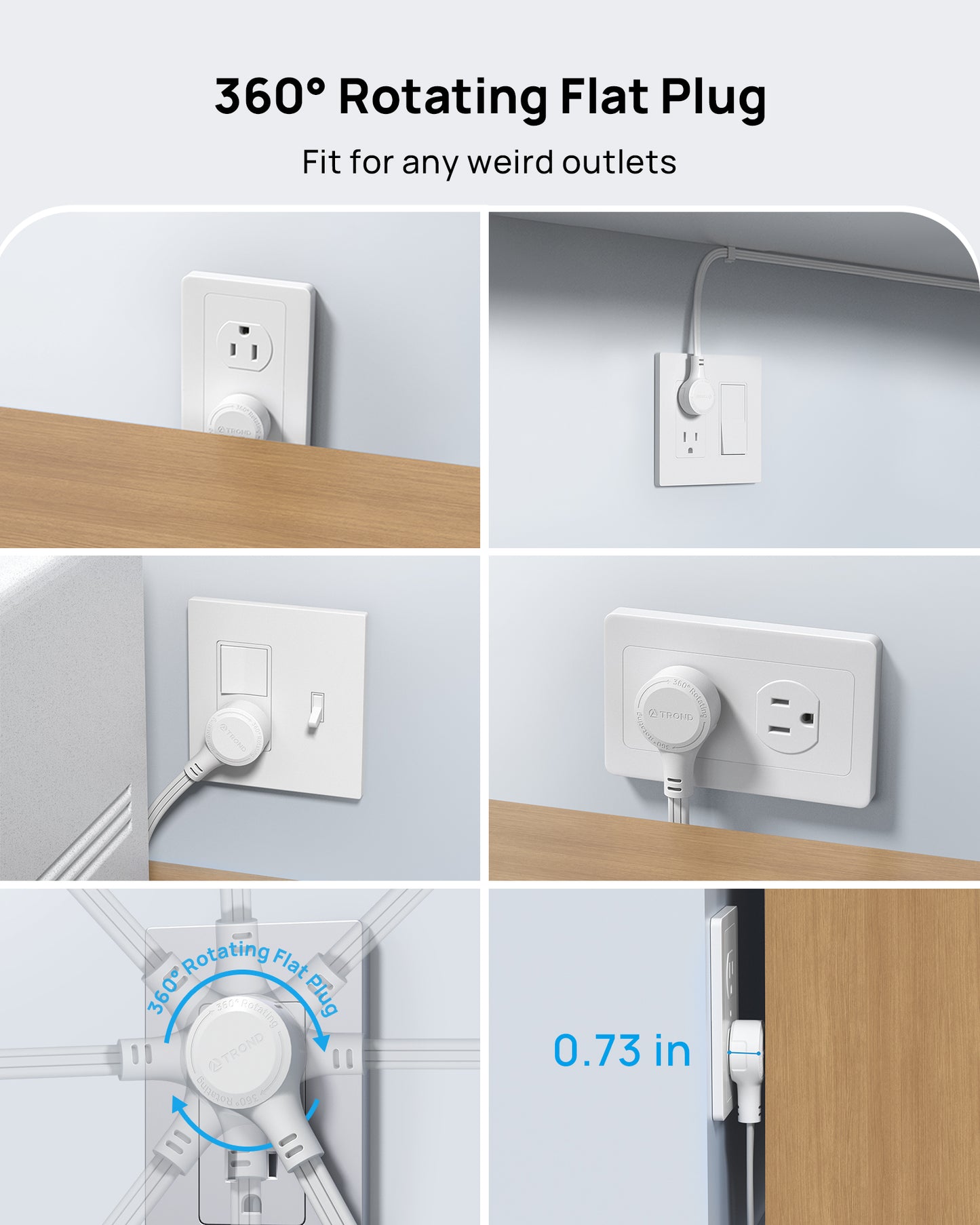 360° Rotating Flat Plug Power Strip with USB PD 20W, 10FT Flat Extension Cord
