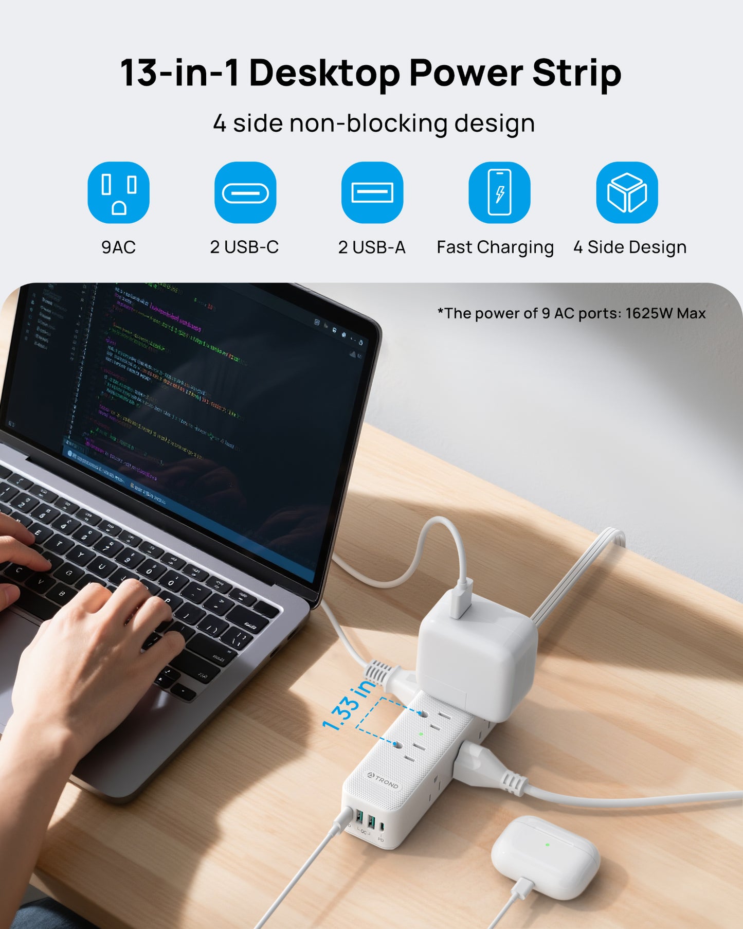 360° Rotating Flat Plug Power Strip with USB PD 20W, 10FT Flat Extension Cord