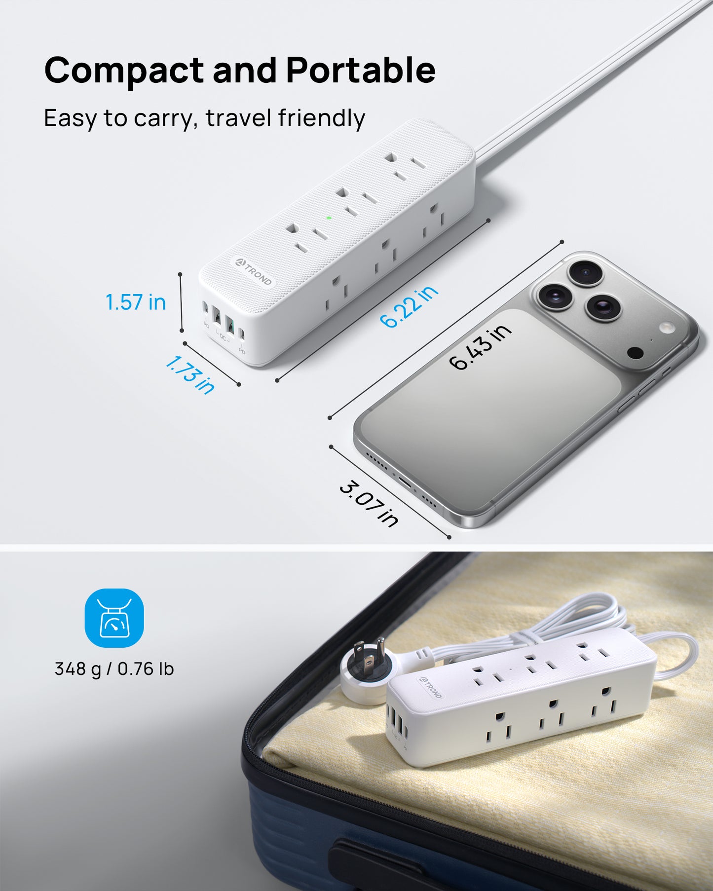 360° Rotating Flat Plug Power Strip with USB PD 20W, 5FT Flat Extension Cord