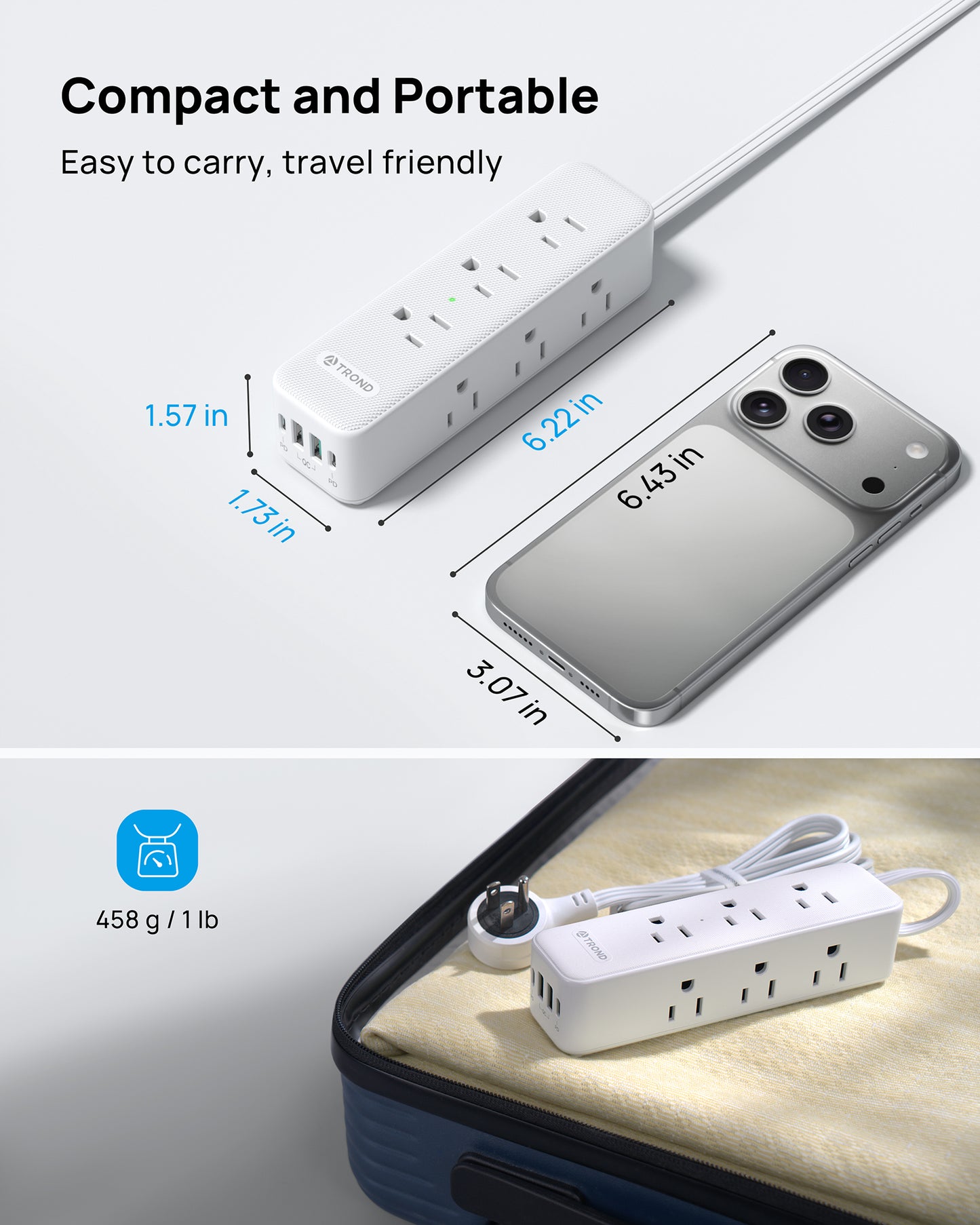 360° Rotating Flat Plug Power Strip with USB PD 20W, 10FT Flat Extension Cord