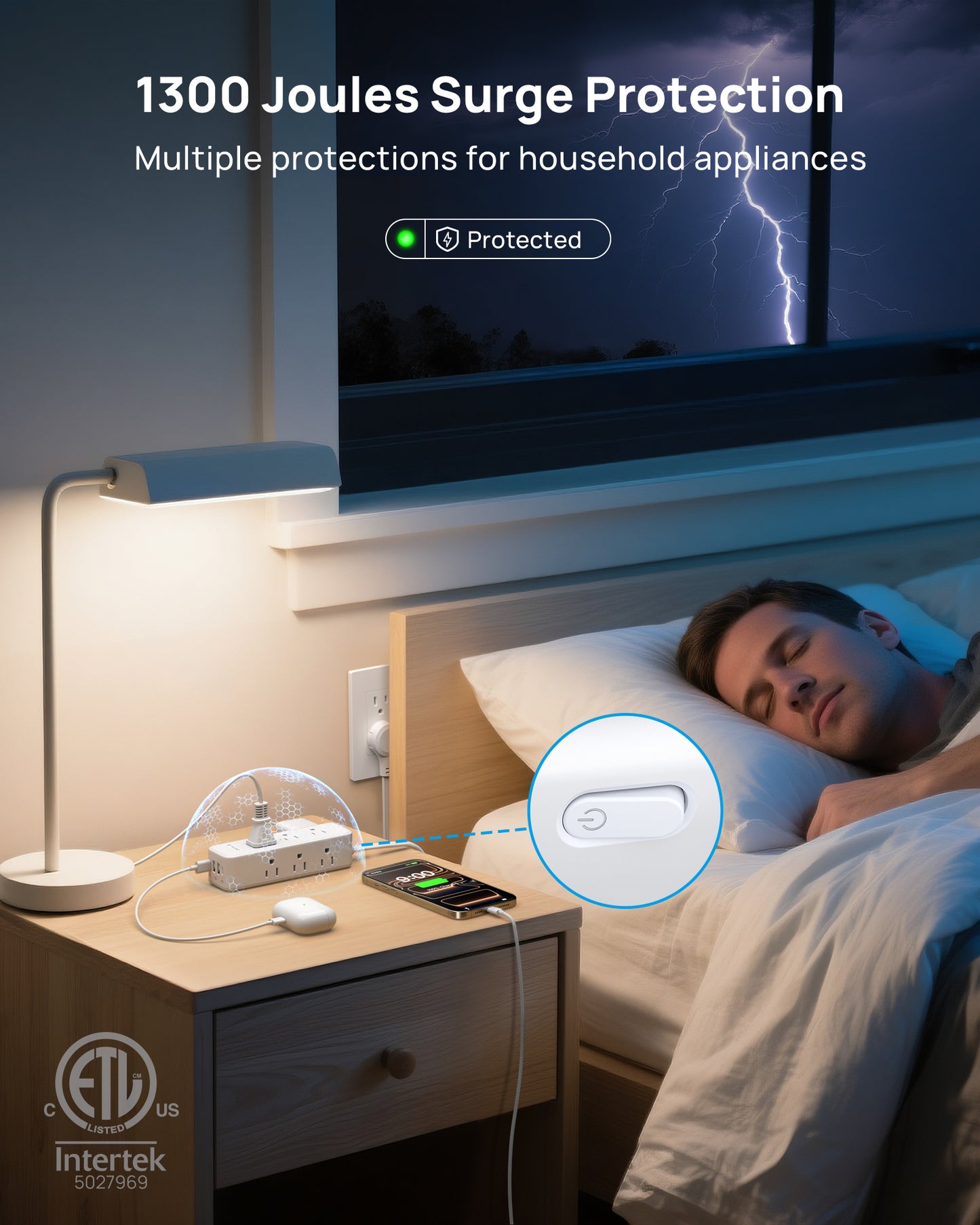 360° Rotating Flat Plug Power Strip with USB PD 20W, 10FT Flat Extension Cord