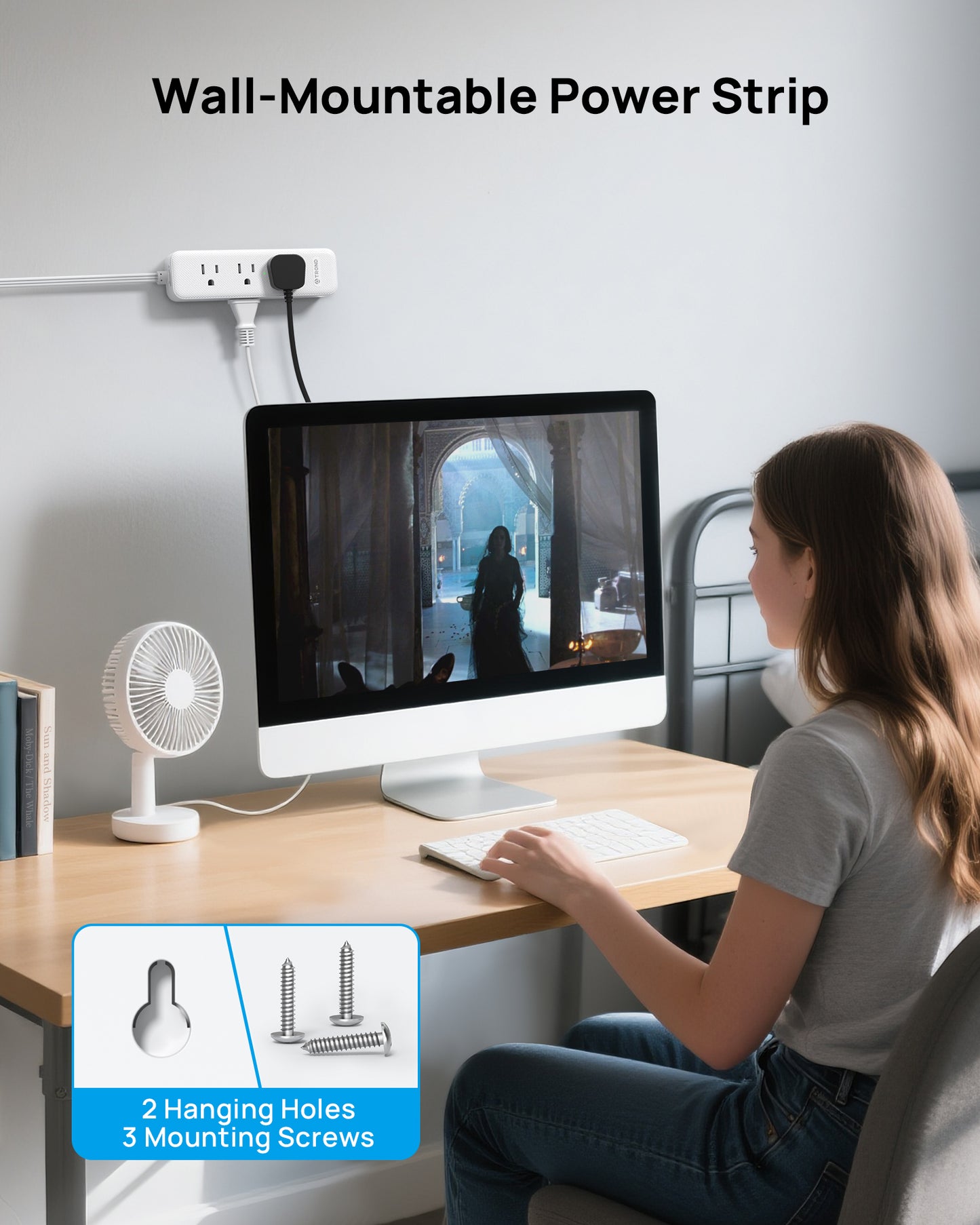 360° Rotating Flat Plug Power Strip with USB PD 20W, 10FT Flat Extension Cord