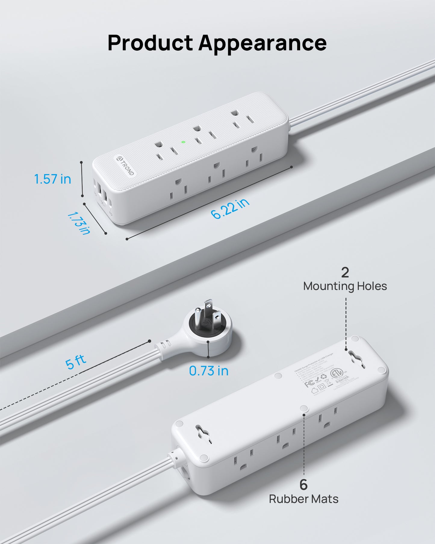 360° Rotating Flat Plug Power Strip with USB PD 20W, 5FT Flat Extension Cord