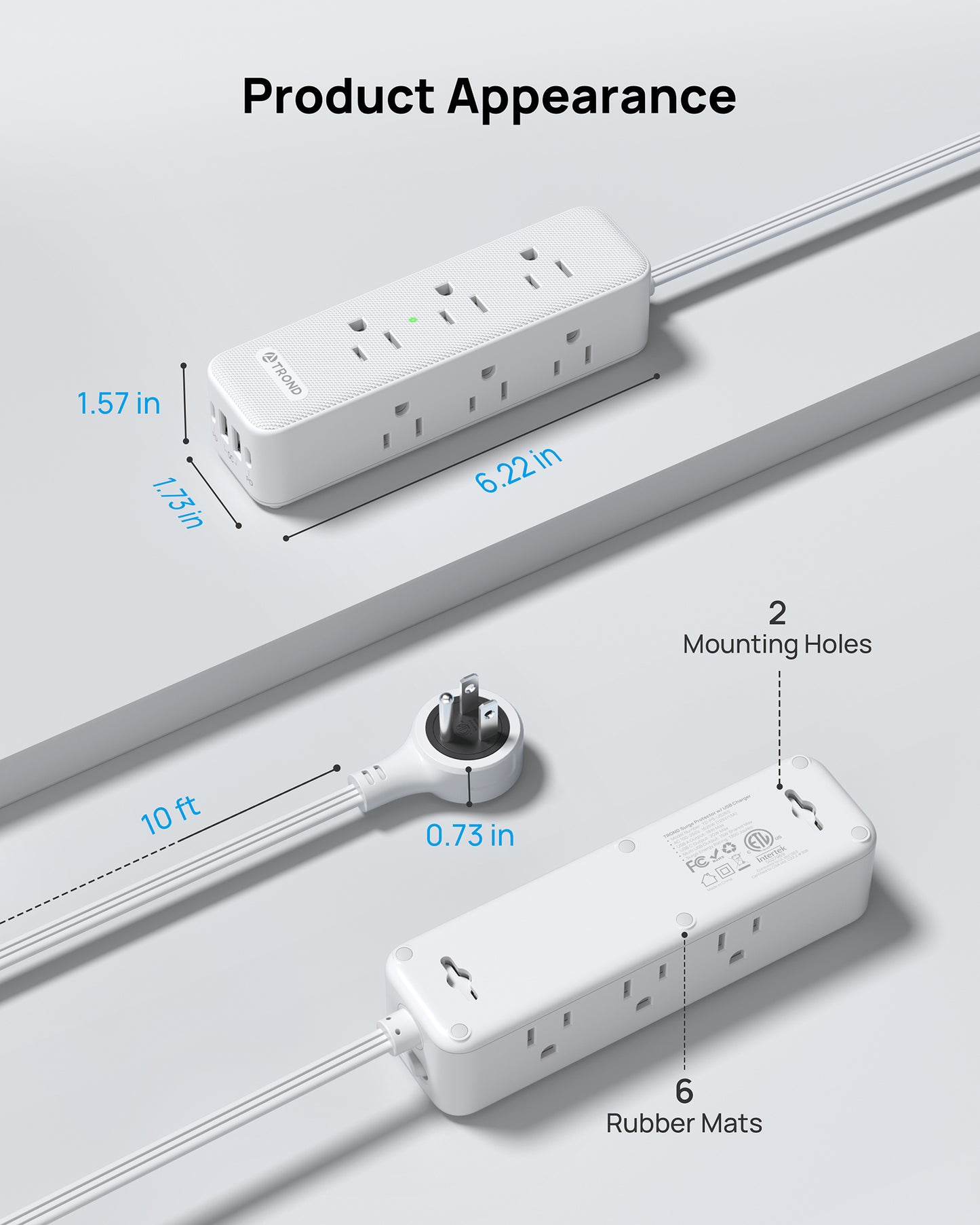 360° Rotating Flat Plug Power Strip with USB PD 20W, 10FT Flat Extension Cord