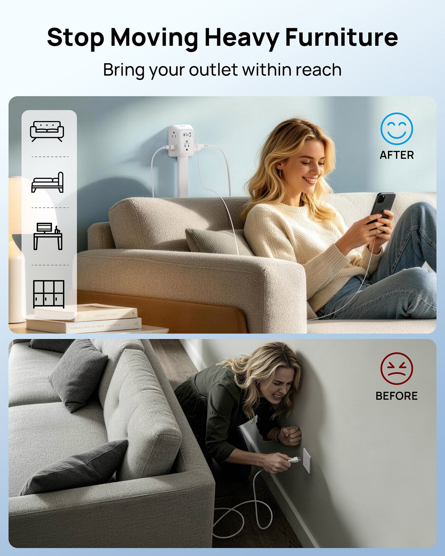 TROND Outlet Extender Stick with 360° Rotating Plug, 1440J Surge Protector Outlet with 5 Sockets and 2 PD20W USB C Charger