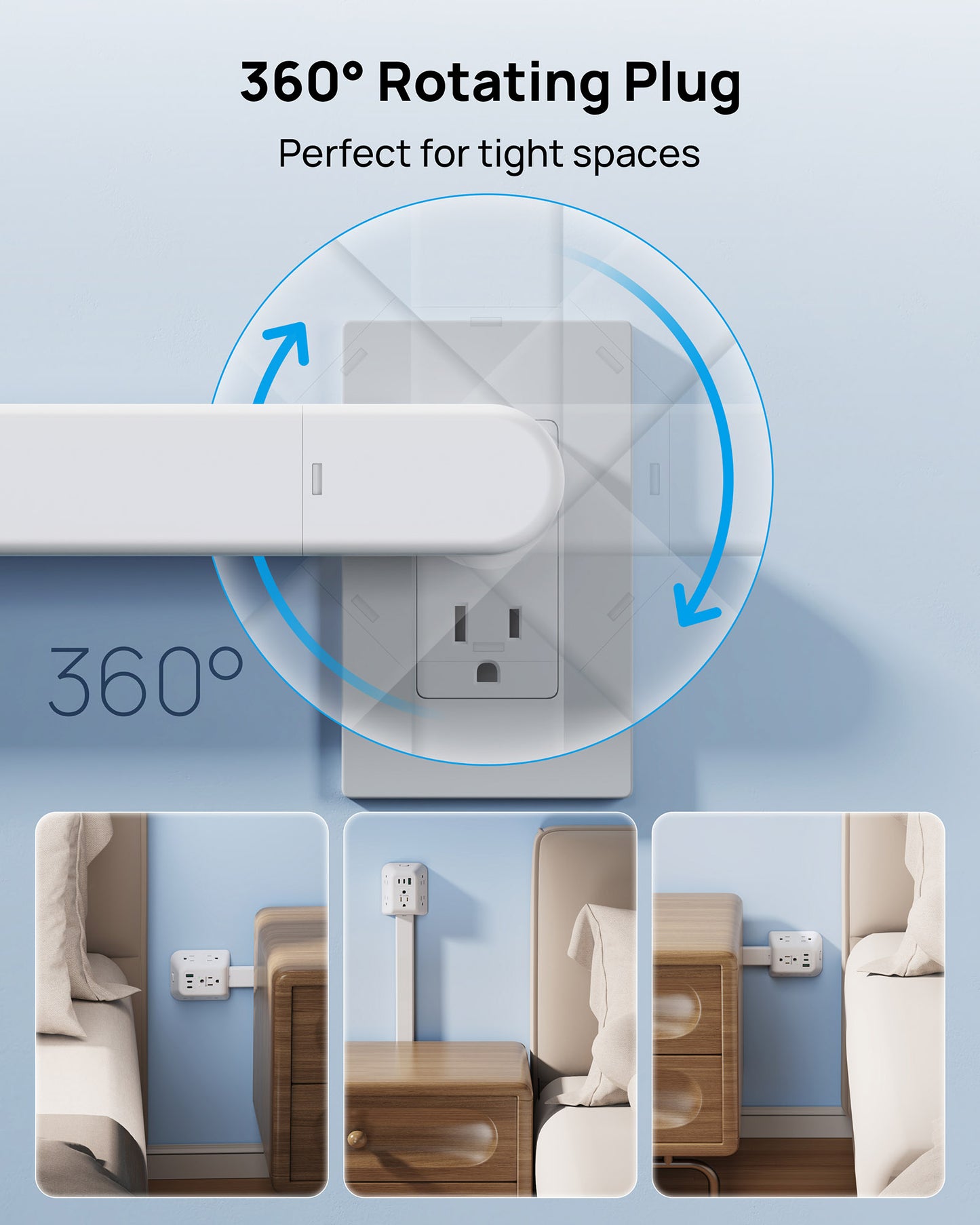 TROND Outlet Extender Stick with 360° Rotating Plug, 1440J Surge Protector Outlet with 5 Sockets and 2 PD20W USB C Charger