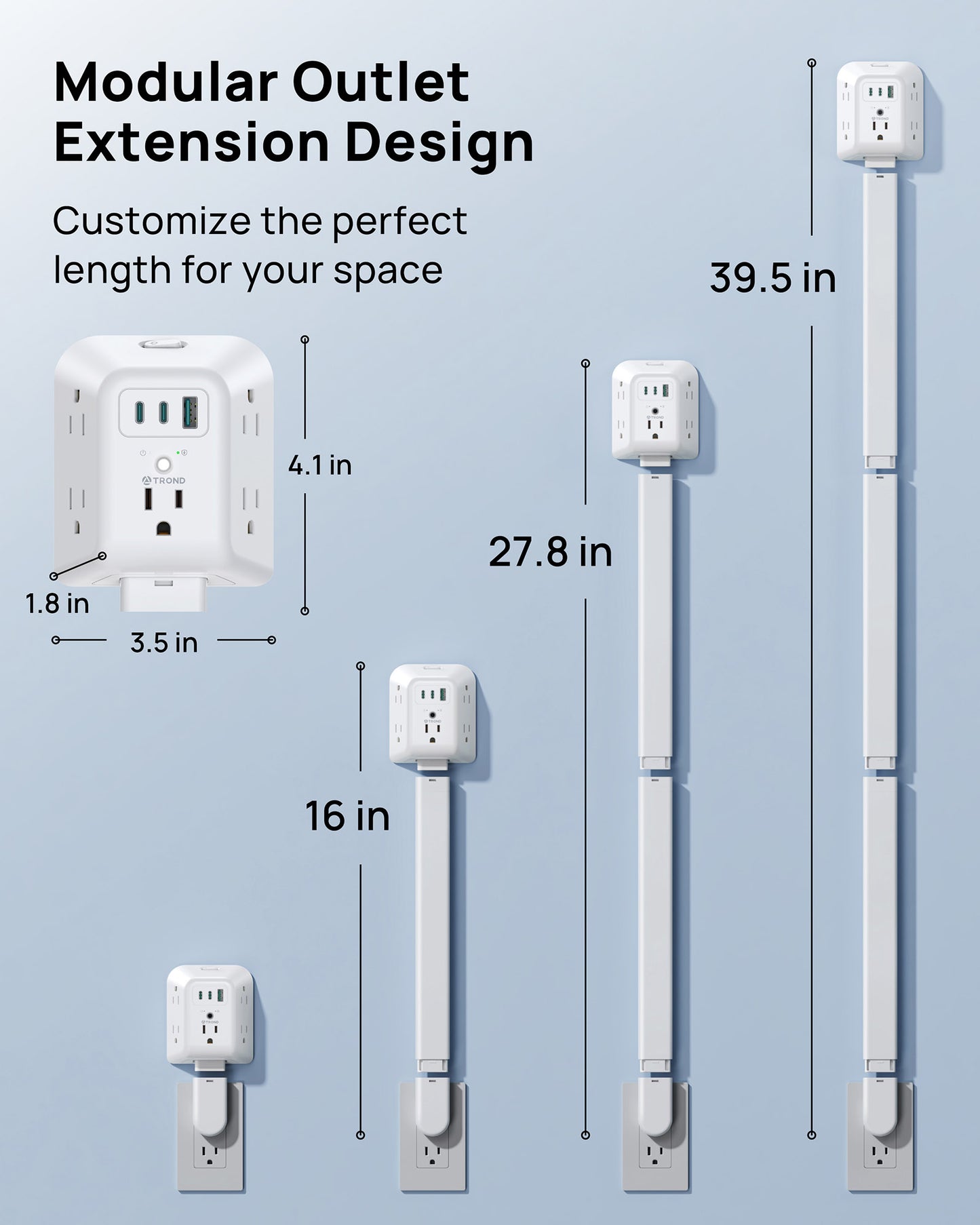 TROND Outlet Extender Stick with 360° Rotating Plug, 1440J Surge Protector Outlet with 5 Sockets and 2 PD20W USB C Charger