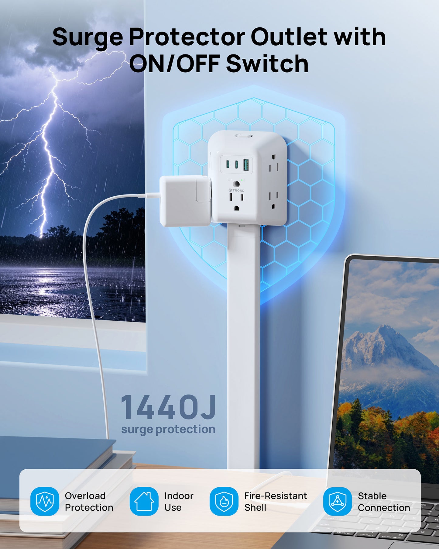 TROND Outlet Extender Stick with 360° Rotating Plug, 1440J Surge Protector Outlet with 5 Sockets and 2 PD20W USB C Charger