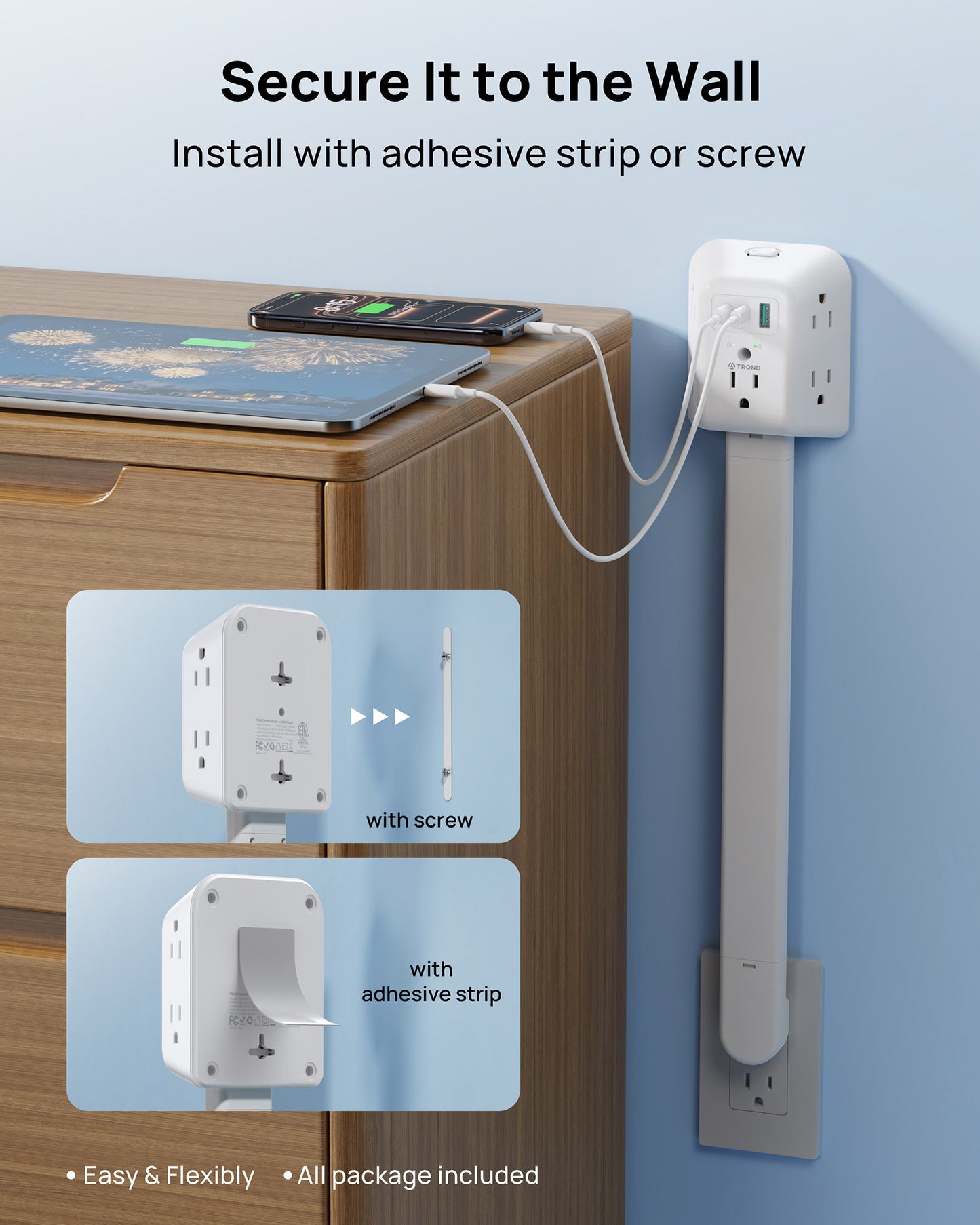 TROND Outlet Extender Stick with 360° Rotating Plug, 1440J Surge Protector Outlet with 5 Sockets and 2 PD20W USB C Charger