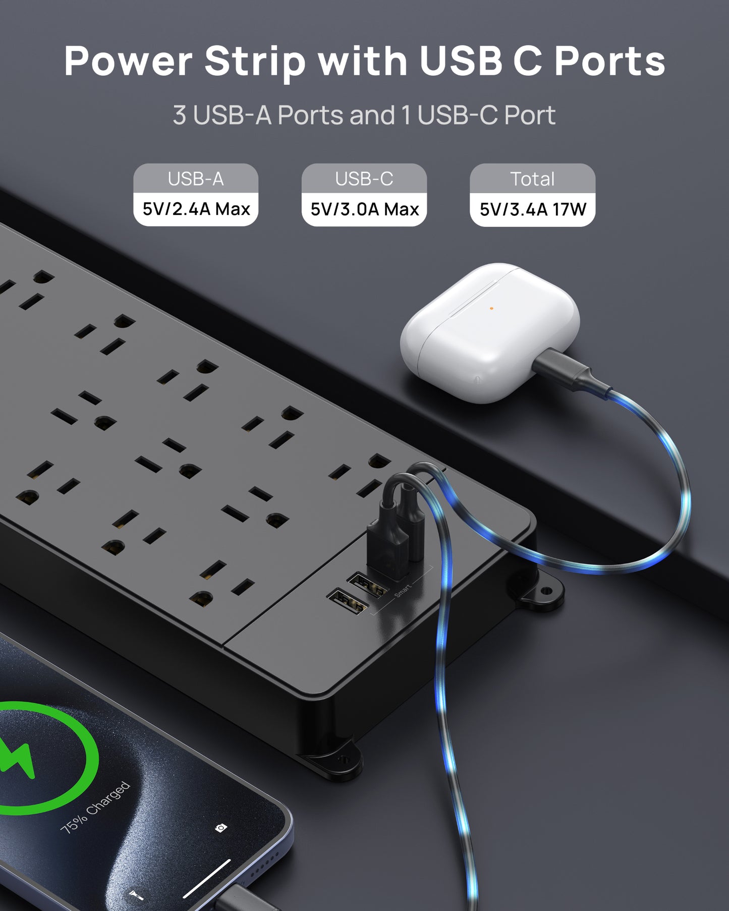 Surge Protector Power Strip, 360° Rotating Flat Plug, 13AC Widely Spaced Outlets