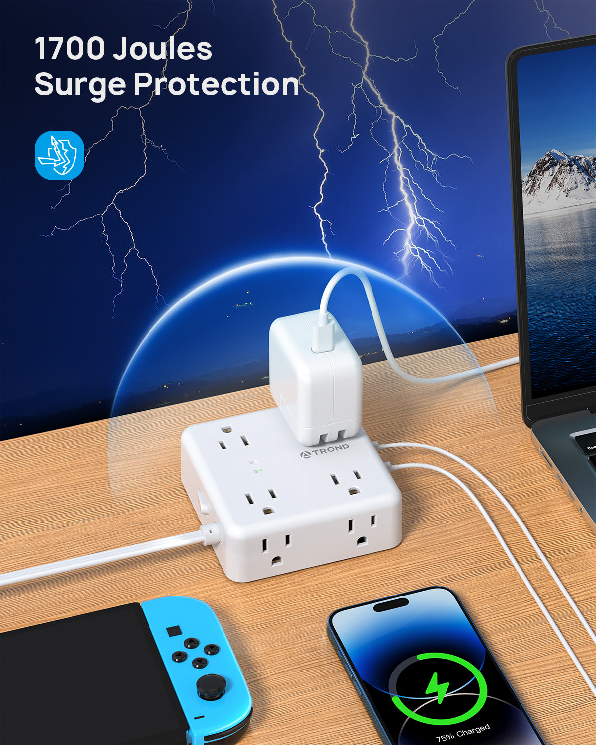 Surge Protector Power Strip - Flat Extension Cord, TROND 5ft Ultra Thin Flat Plug Power Strip