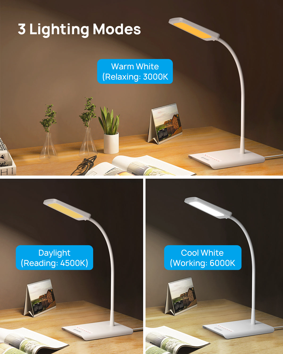 LED Desk Lamp for Home Office, 3 Color Modes 7 Brightness, Dimmable Table Lamp