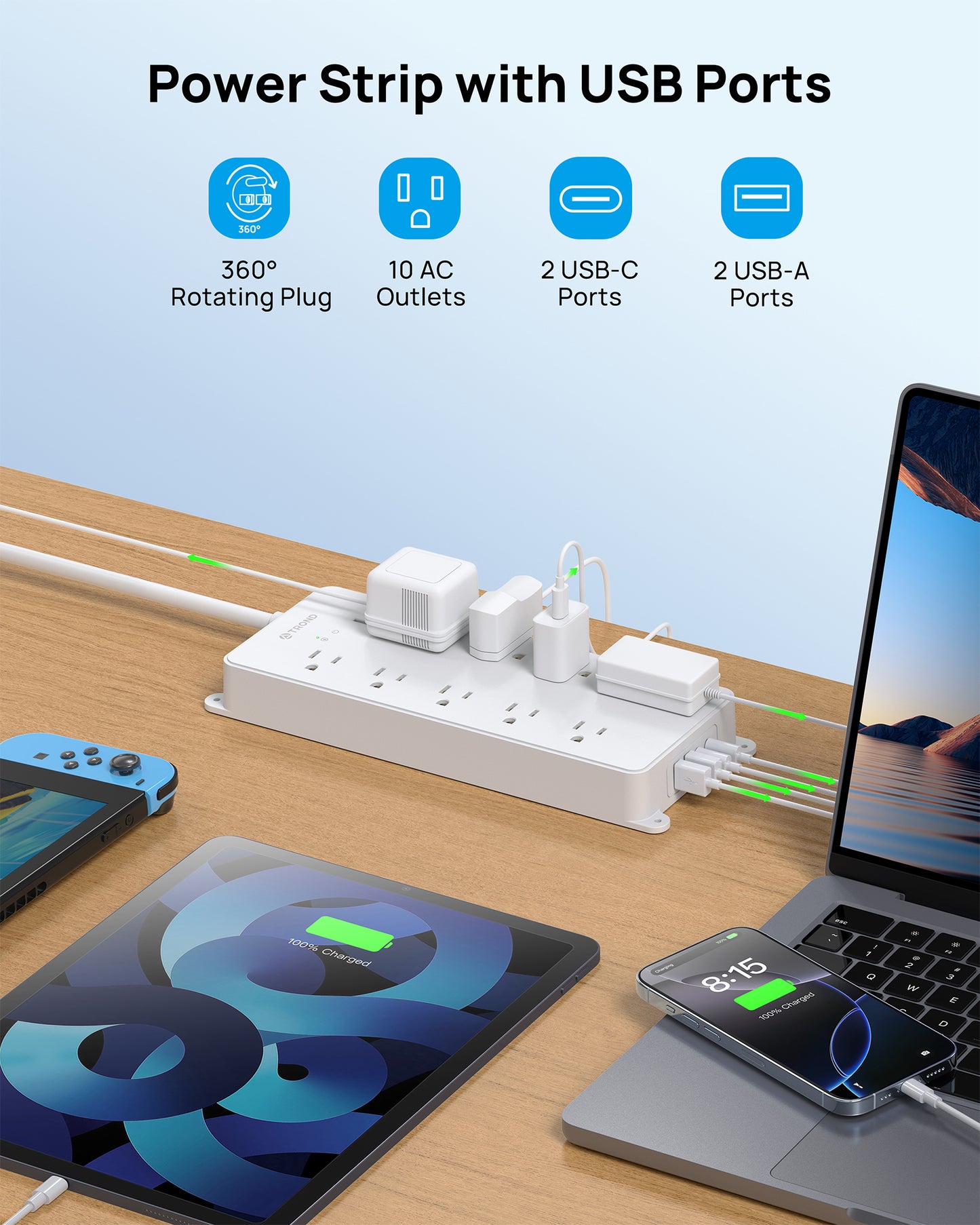 360° Rotating Plug Surge Protector Power Strip