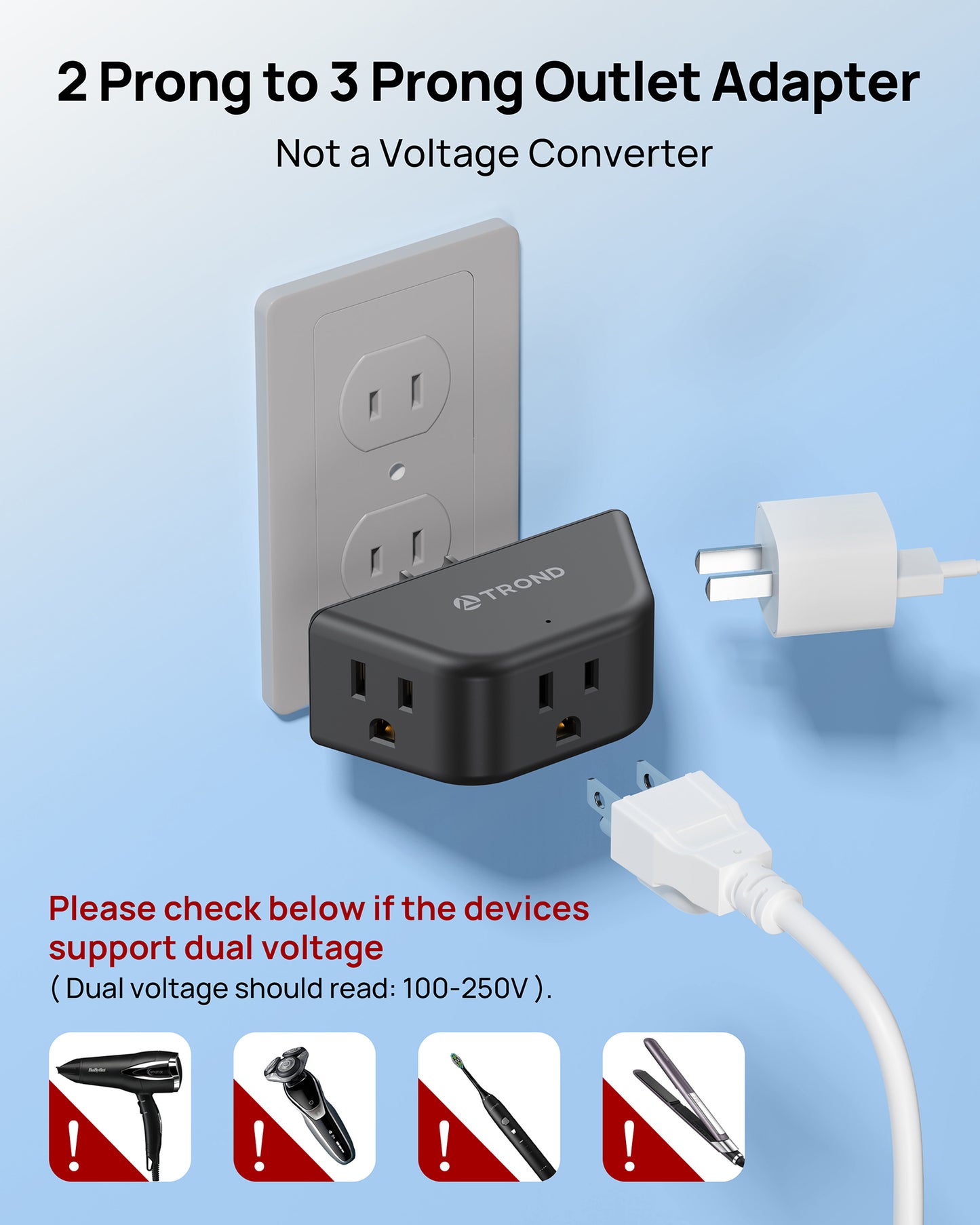 2 Prong to 3 Prong Outlet Extender, 3-Way Angled Plug Adapter with 3 AC Sockets