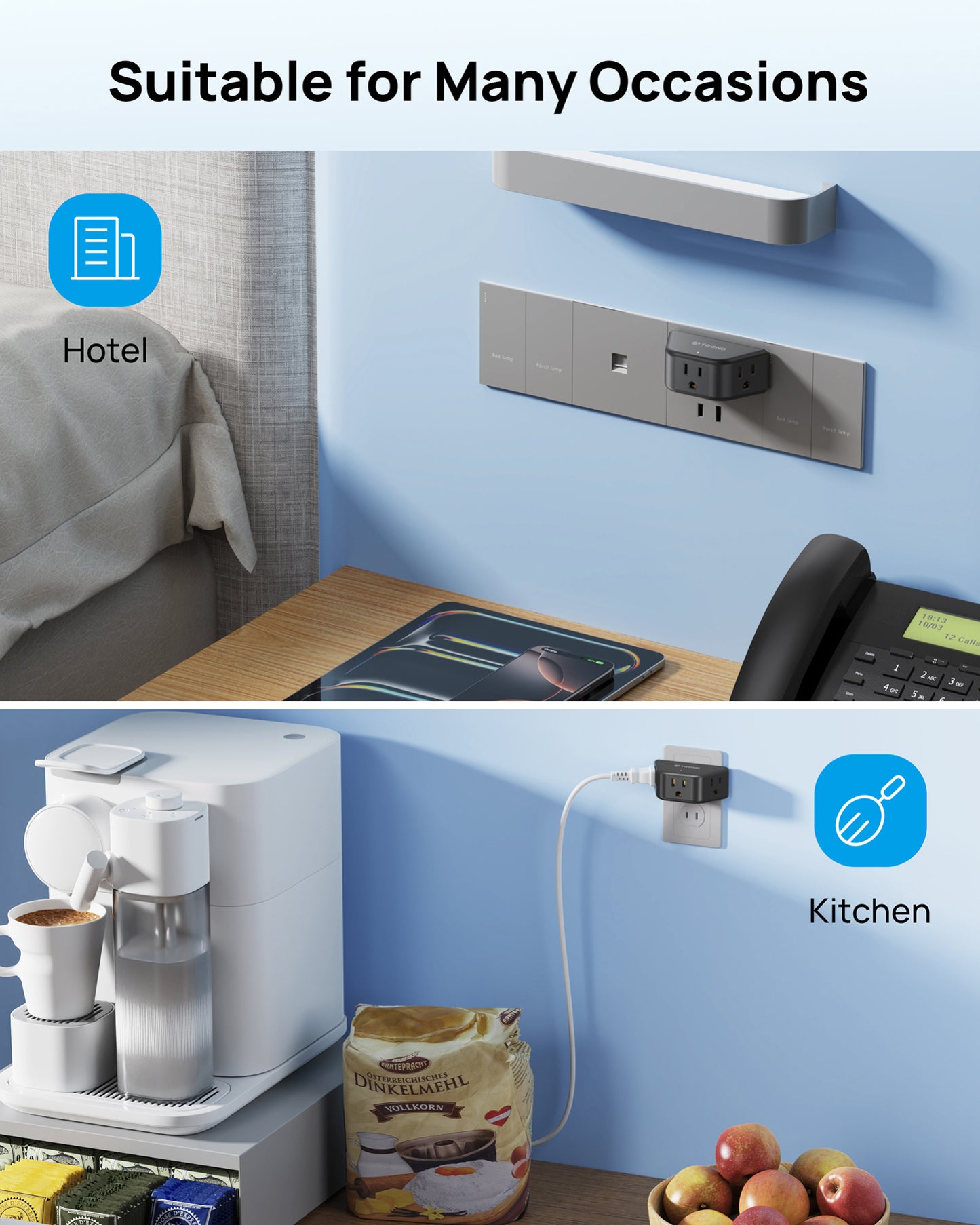 2 to 3 Prong Outlet Adapter 2 Pack, 3-Way Angled Plug Extender with 3 AC Sockets