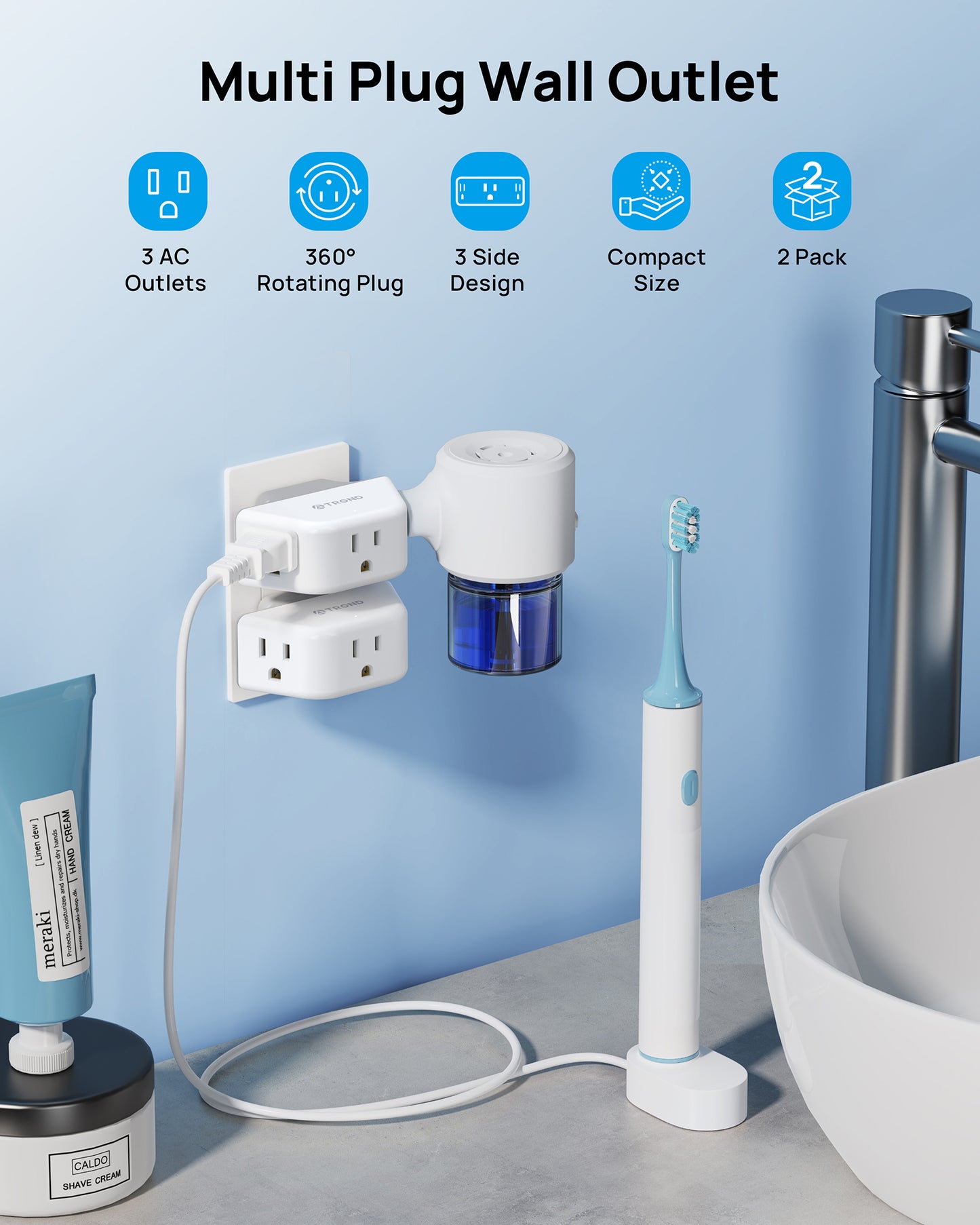 Outlet Extender with 360 Rotating Plug, 3-Prong Grounded Wall Plug Splitter