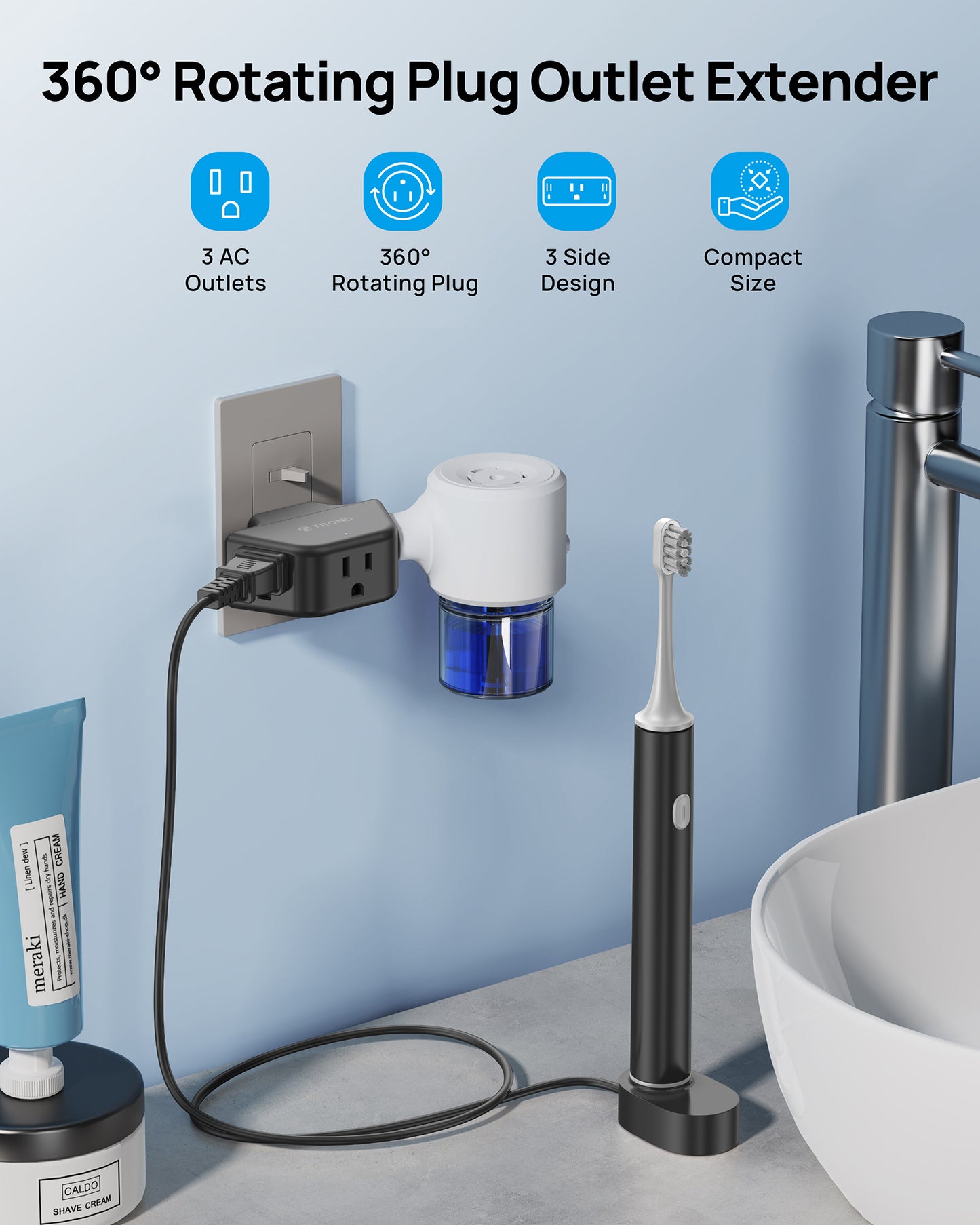 360 Rotating Plug Outlet Extender, Outlet Splitter with 3 Grounded Sockets