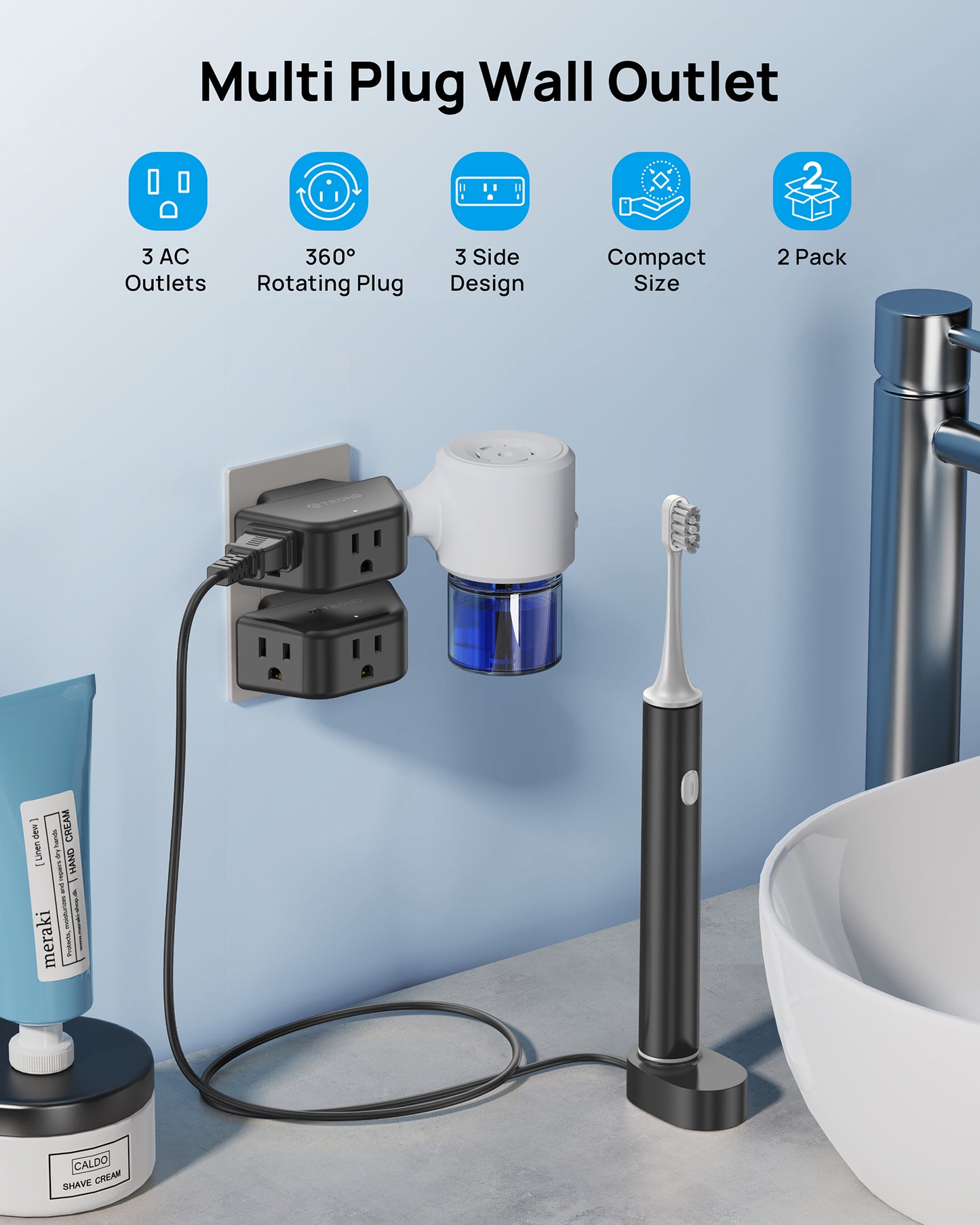 2 Pack Outlet Extender with 360 Rotating Plug, 3 Way Angled Wall Plug Adapter