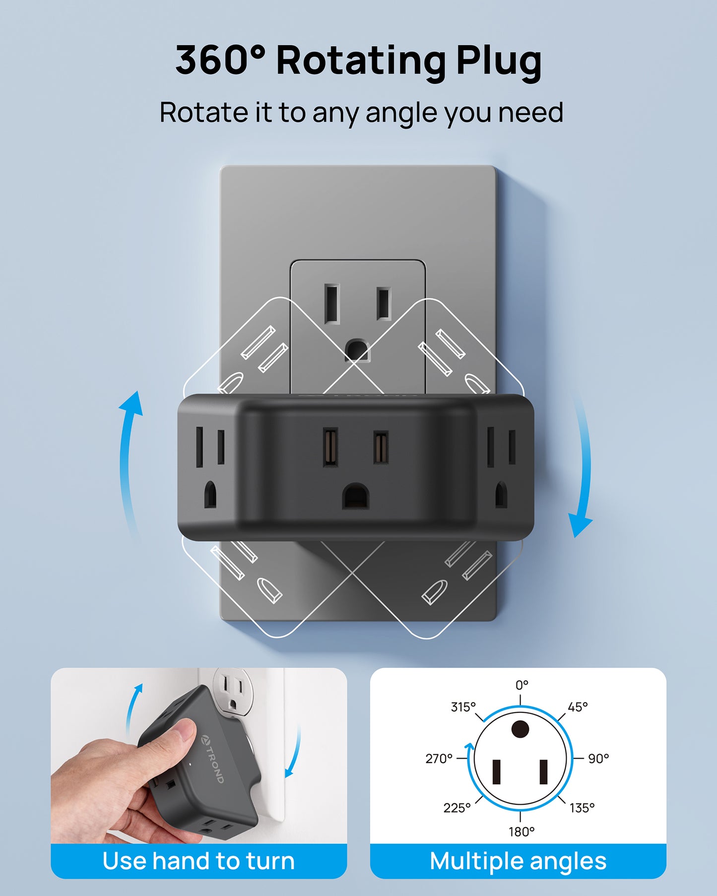 360 Rotating Plug Outlet Extender, Outlet Splitter with 3 Grounded Sockets