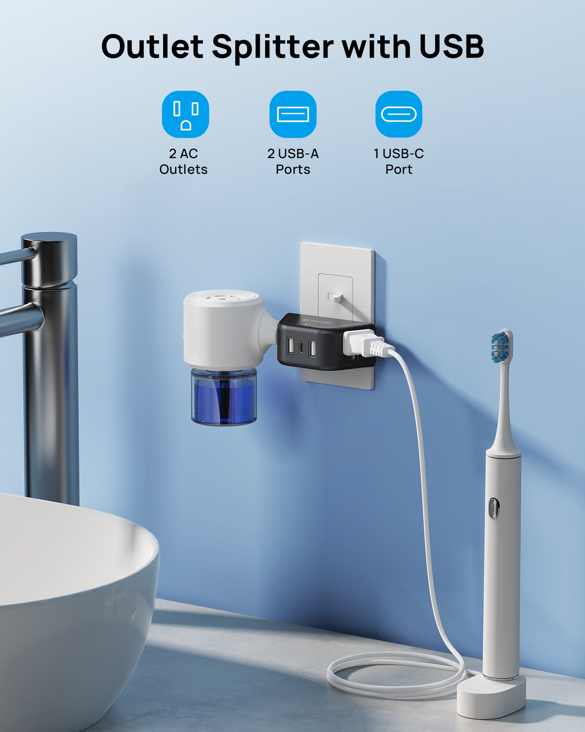 TROND Black Outlet Extender with USB, 2 AC Sockets and 3 USB Ports