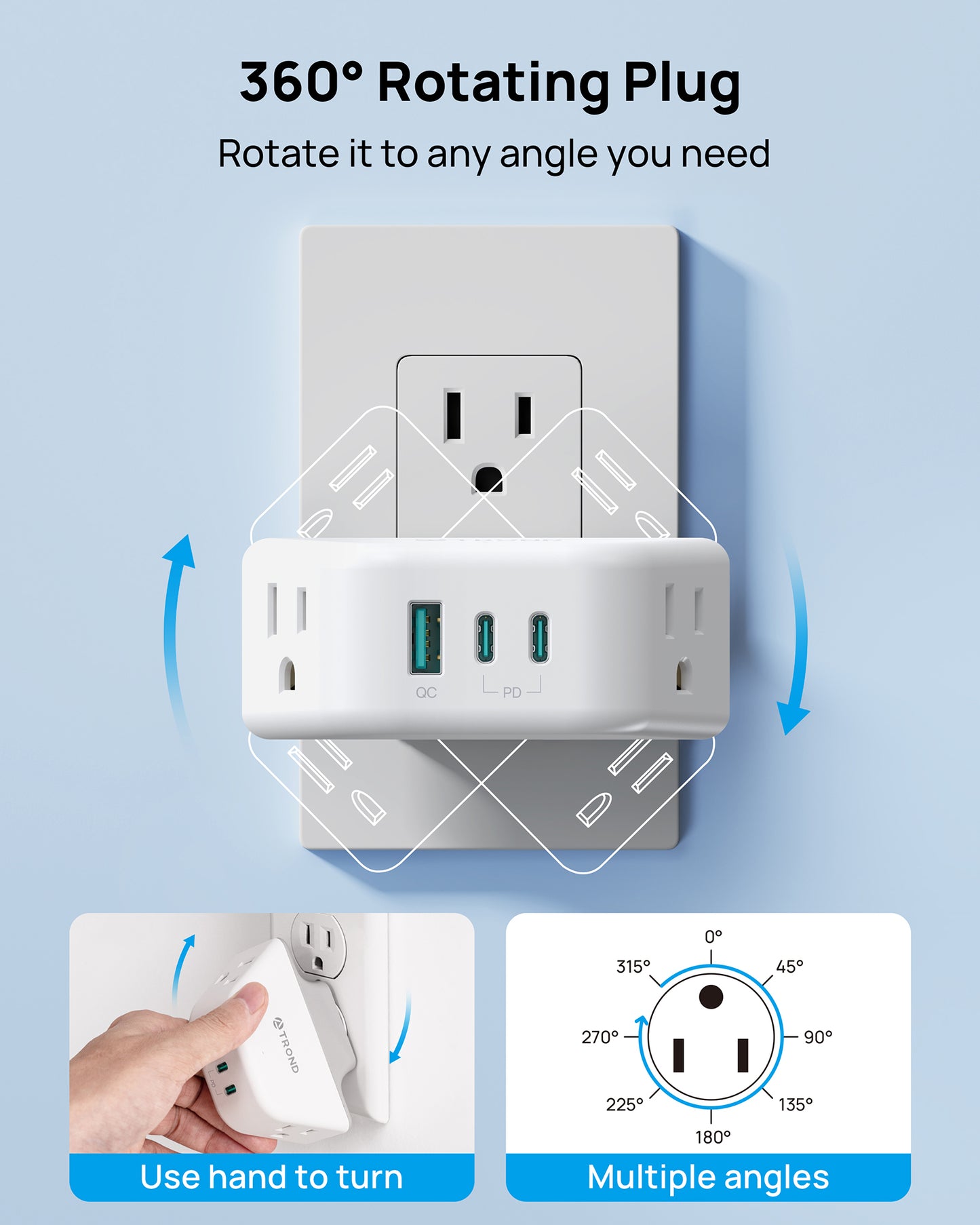 Outlet Extender with 360 Rotating Plug, 2 AC Outlet Splitter with PD 20W USB C