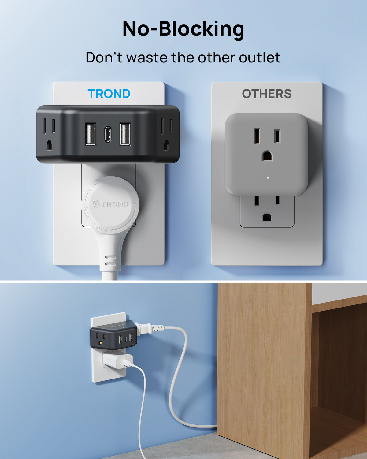 TROND Black Outlet Extender with USB, 2 AC Sockets and 3 USB Ports