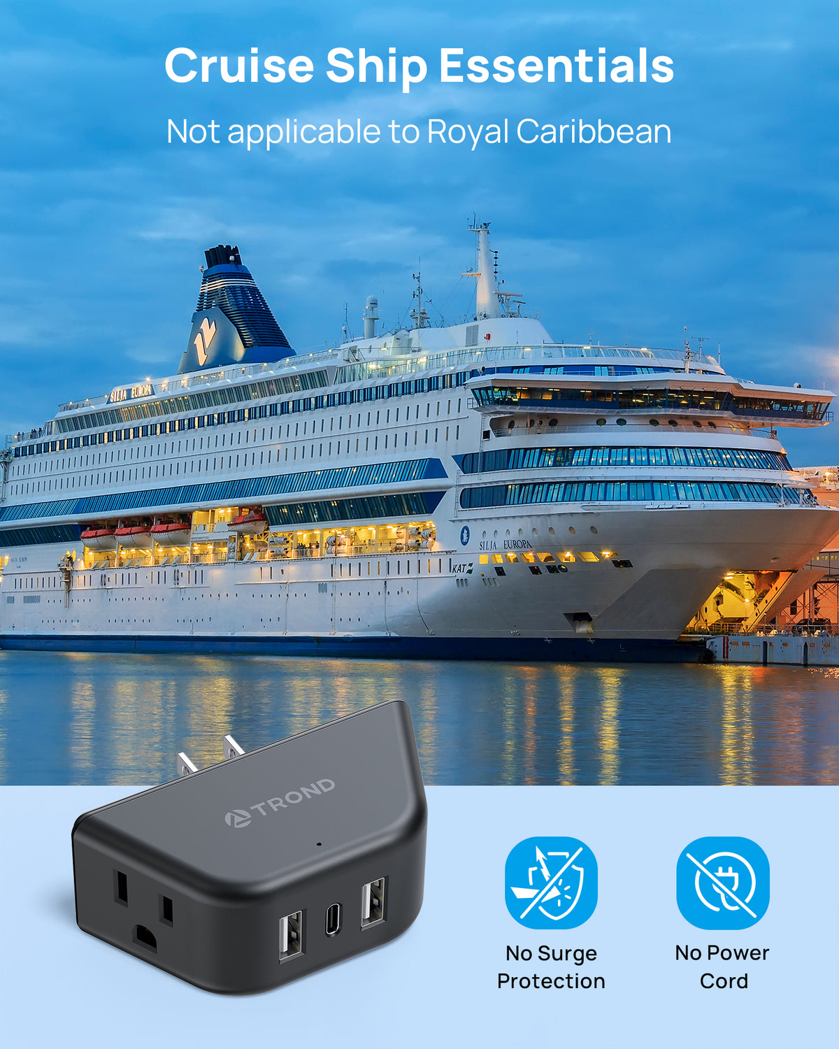 TROND Black Outlet Extender with USB, 2 AC Sockets and 3 USB Ports