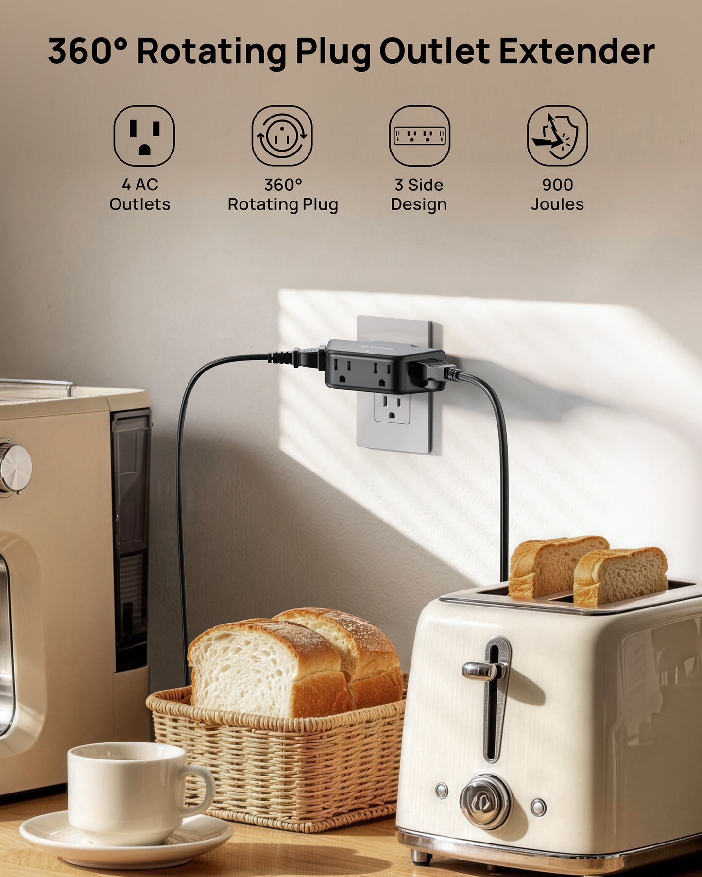 TROND Black 360 Rotating Plug Outlet Extender, Space-Saving Outlet Splitter