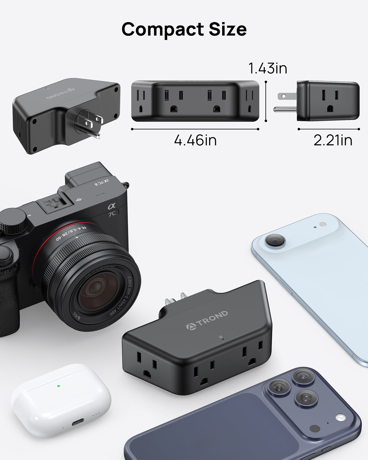 TROND Black 360 Rotating Plug Outlet Extender, Space-Saving Outlet Splitter