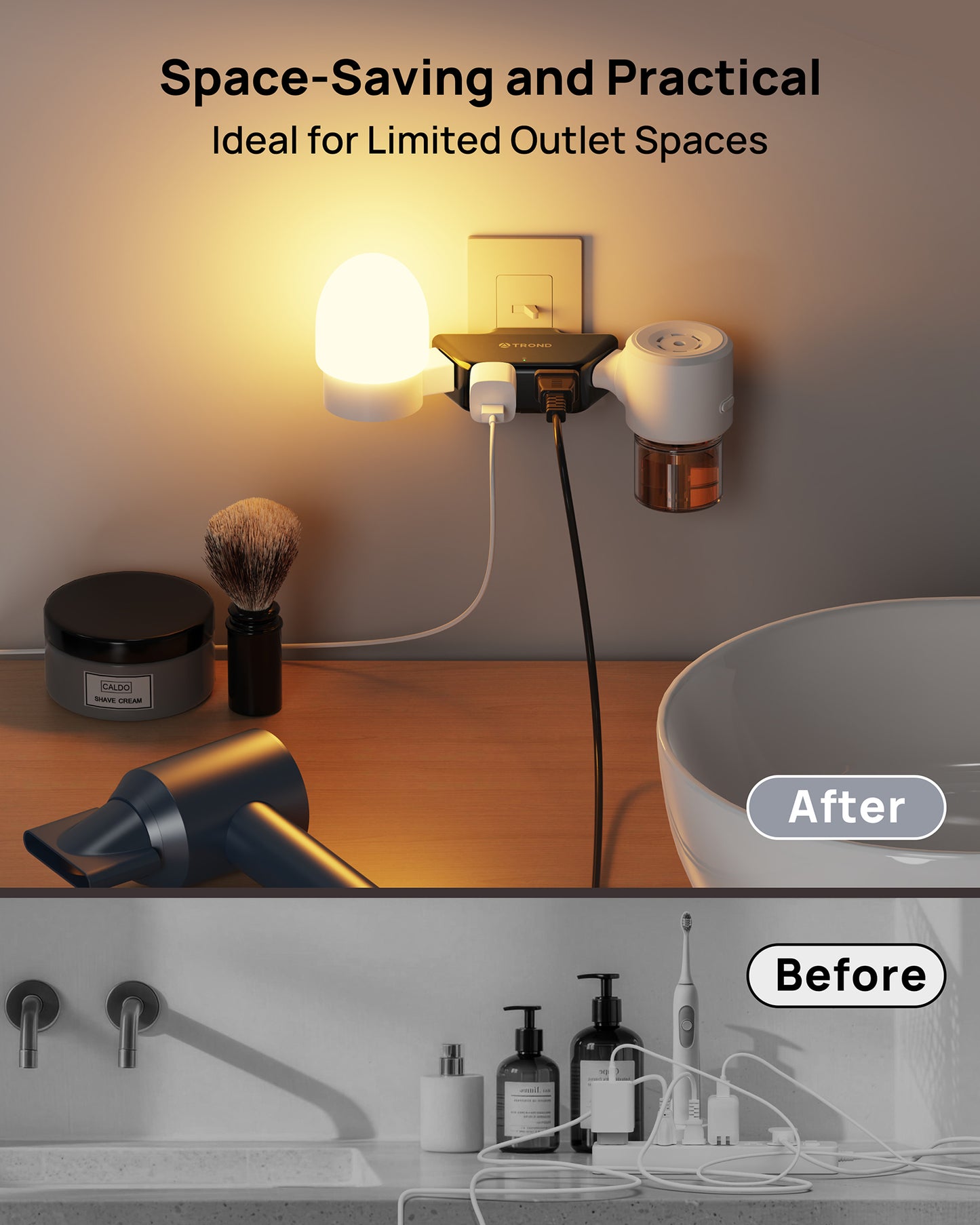 TROND Black 360 Rotating Plug Outlet Extender, Space-Saving Outlet Splitter