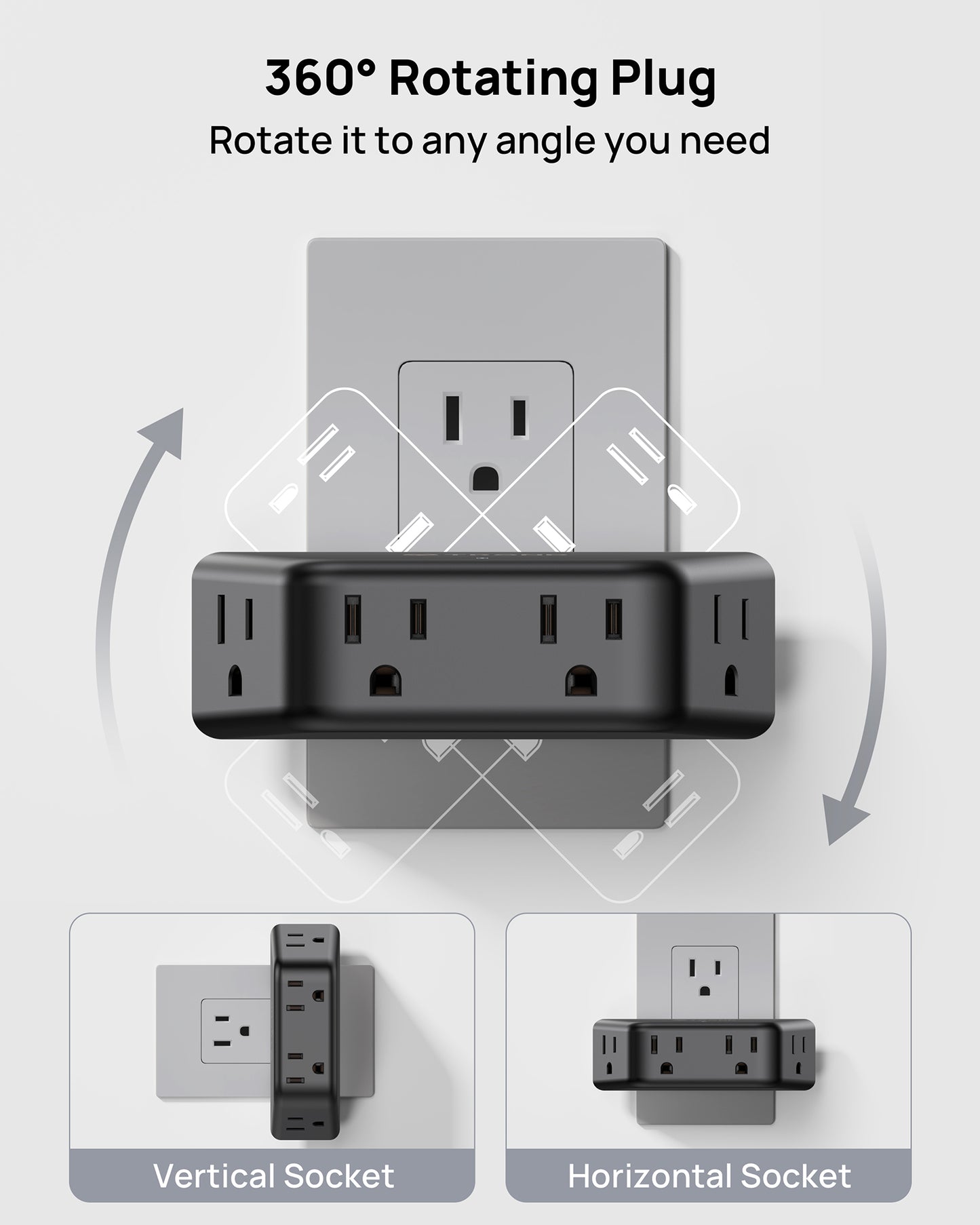TROND Black 360 Rotating Plug Outlet Extender, Space-Saving Outlet Splitter