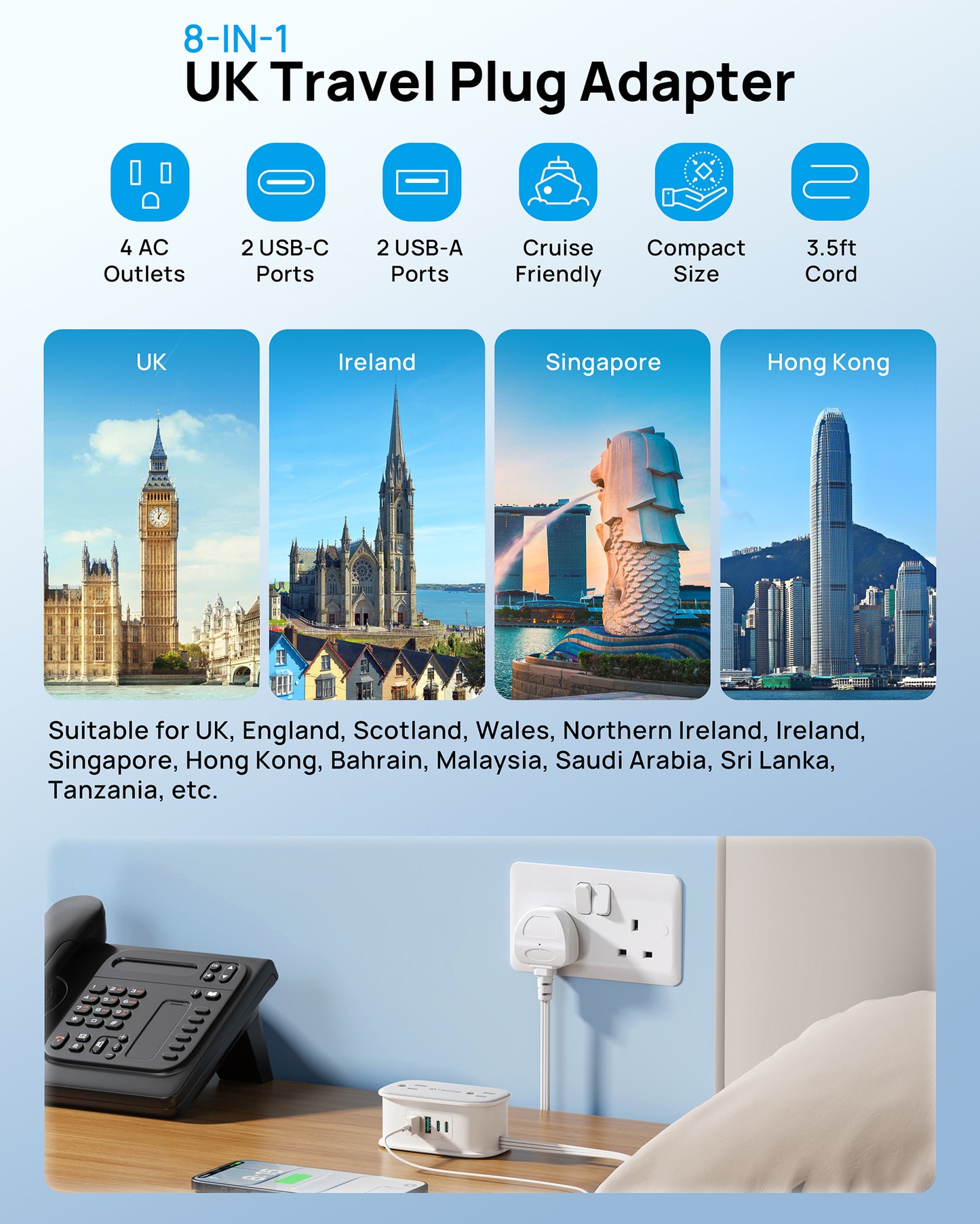 US to UK Plug Adapter, Type G Plug Adapter with 4 AC outlets