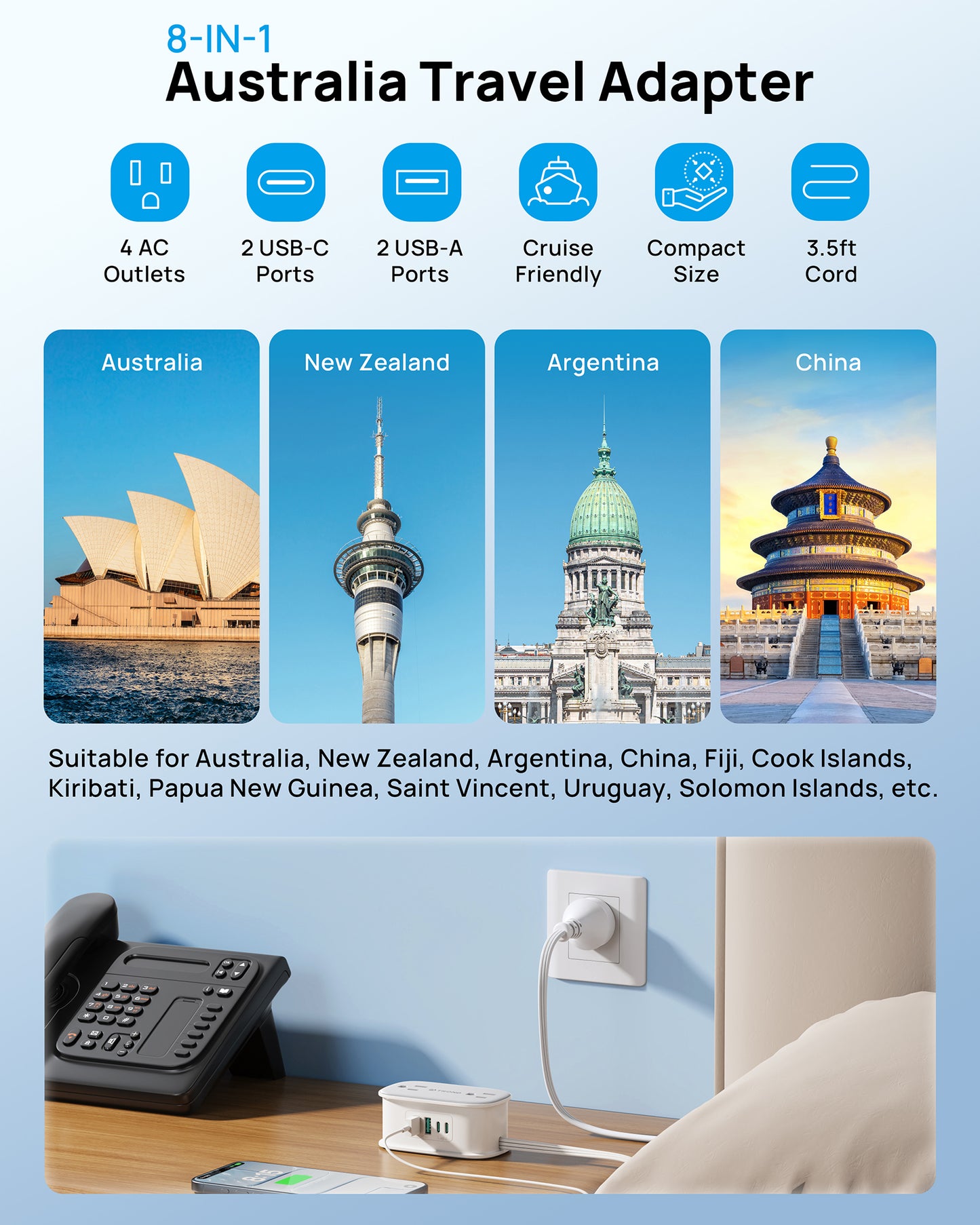 US to Australia Plug Adapter, Type I Plug Adapter with 4 AC Outlets