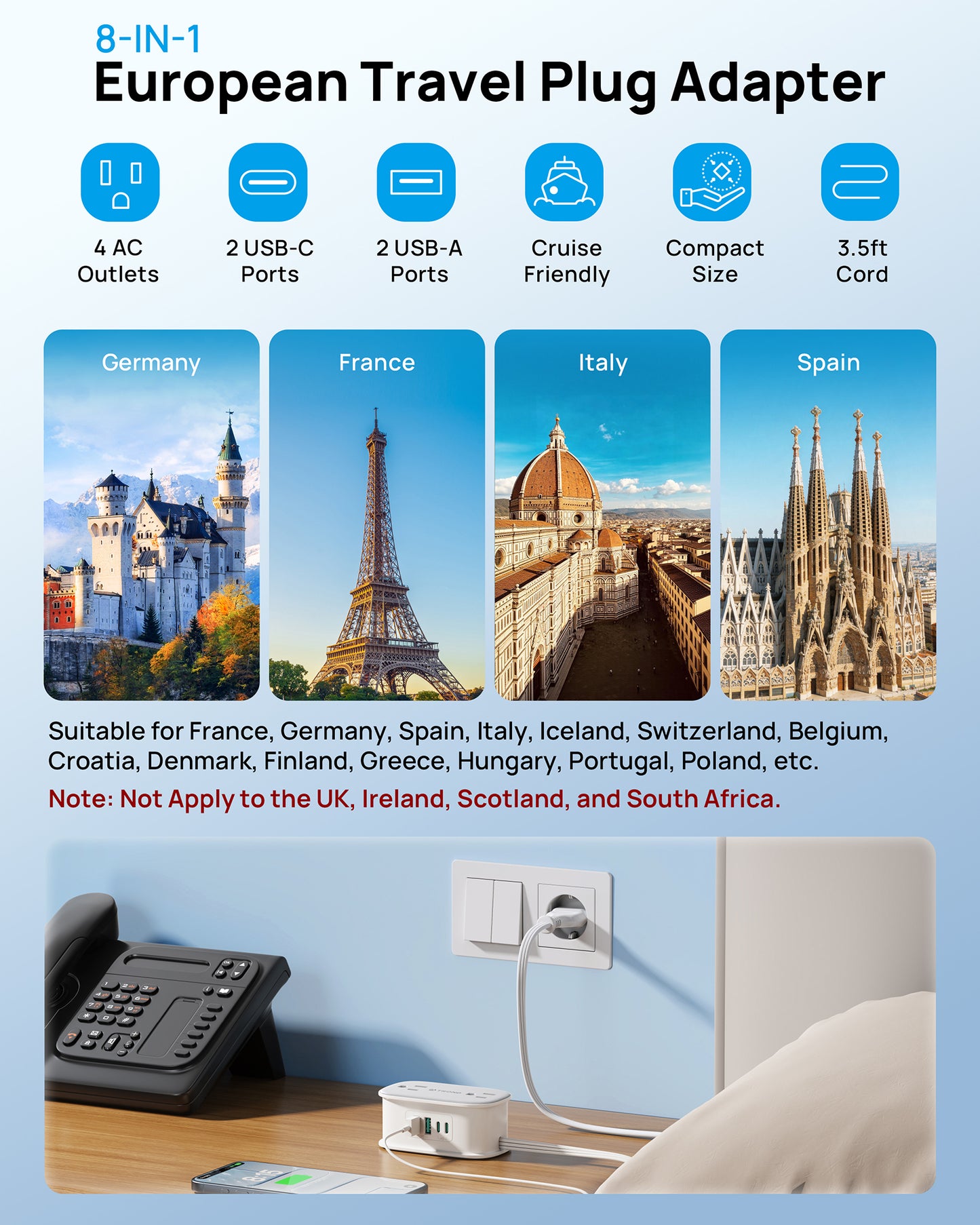 European Travel Plug Adapter with 2 USB C PD20W, European Outlet Adapter