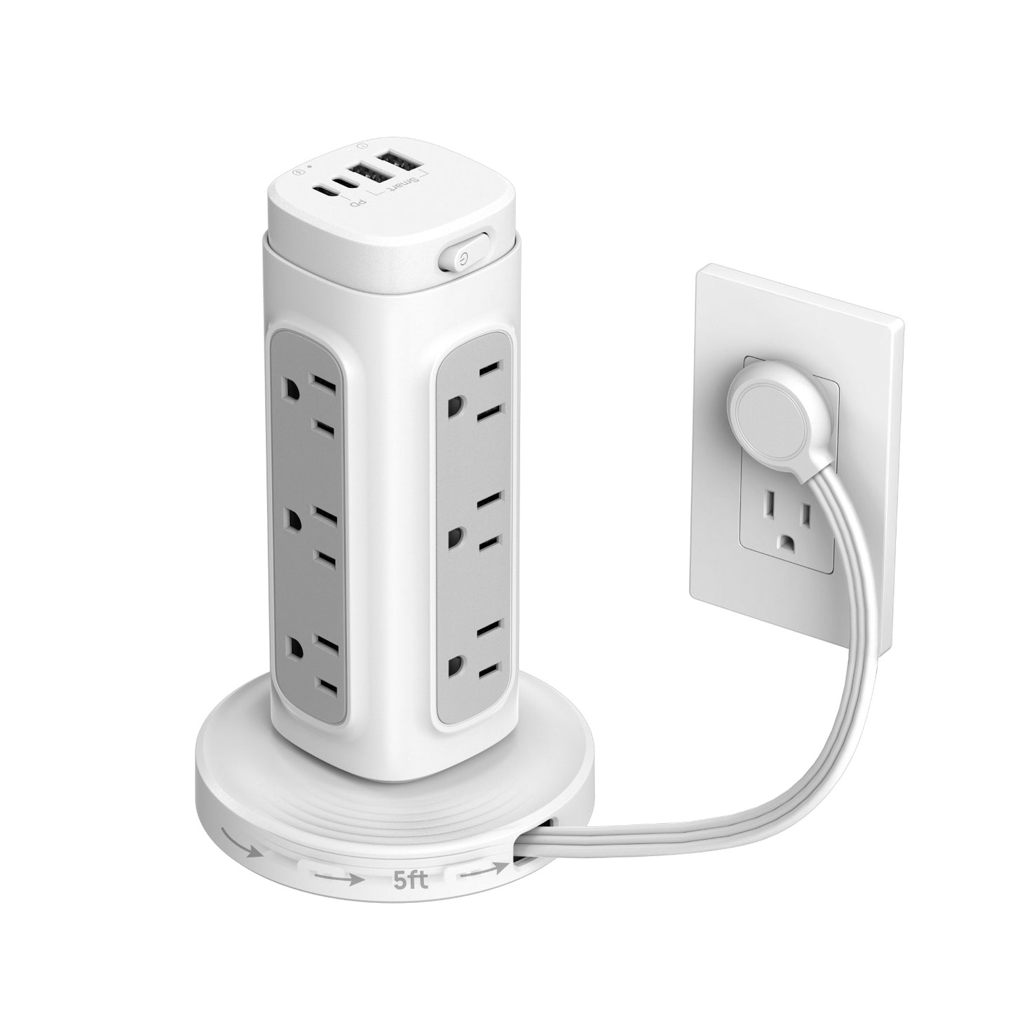 Flat Plug Power StripTower, Surge Protector Power Strip with USB C PD 20W