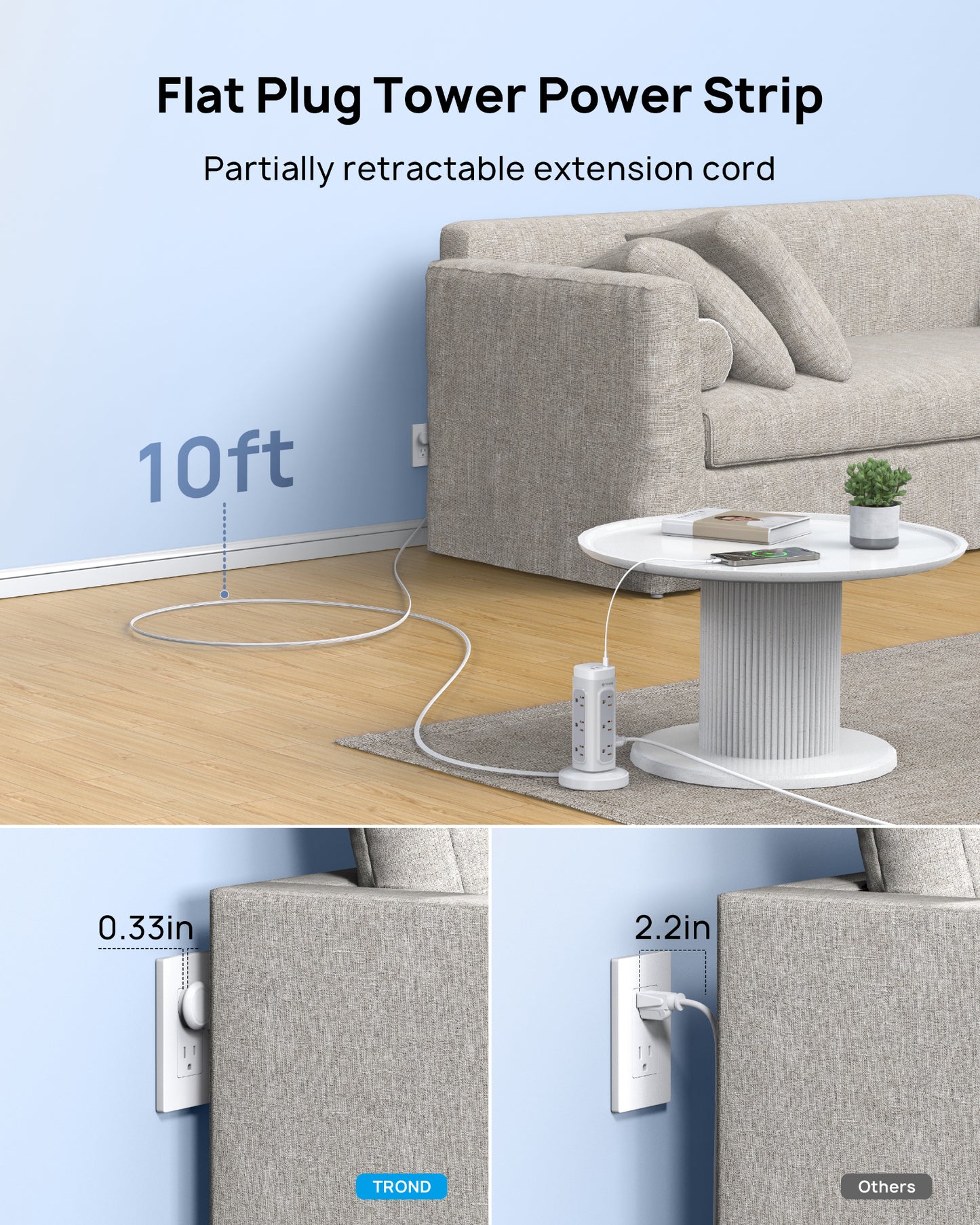 Flat Plug Power StripTower, Surge Protector Power Strip with USB C PD 20W