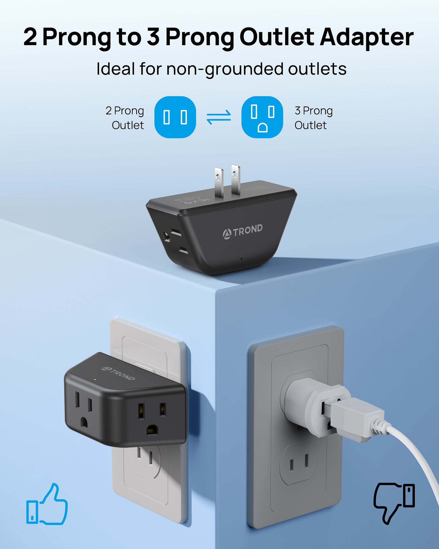 2 Prong to 3 Prong Outlet Extender, 3-Way Angled Plug Adapter with 3 AC Sockets