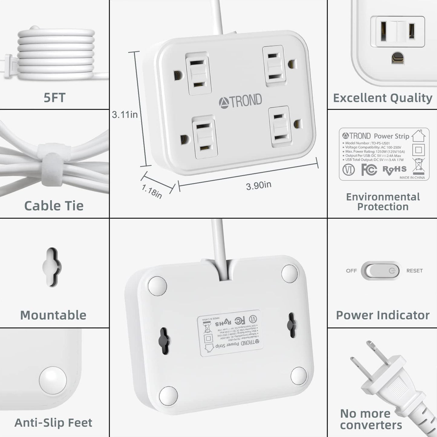 Two Prong Power Strip USB - TROND 2 Prong to 3 Prong Outlet Adapter