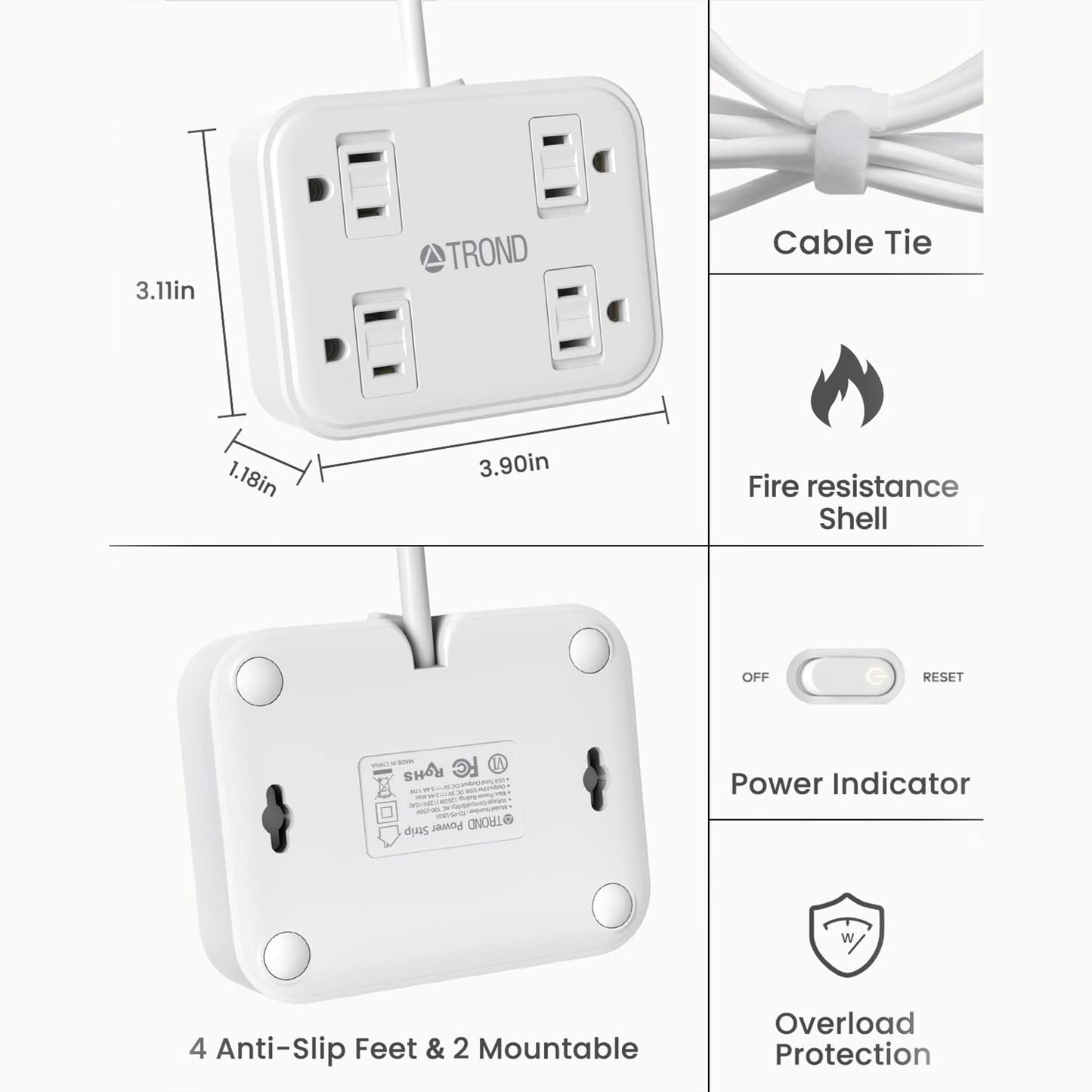 Flat Plug Extension Cord with 4 Child Safety Slide Outlet Covers