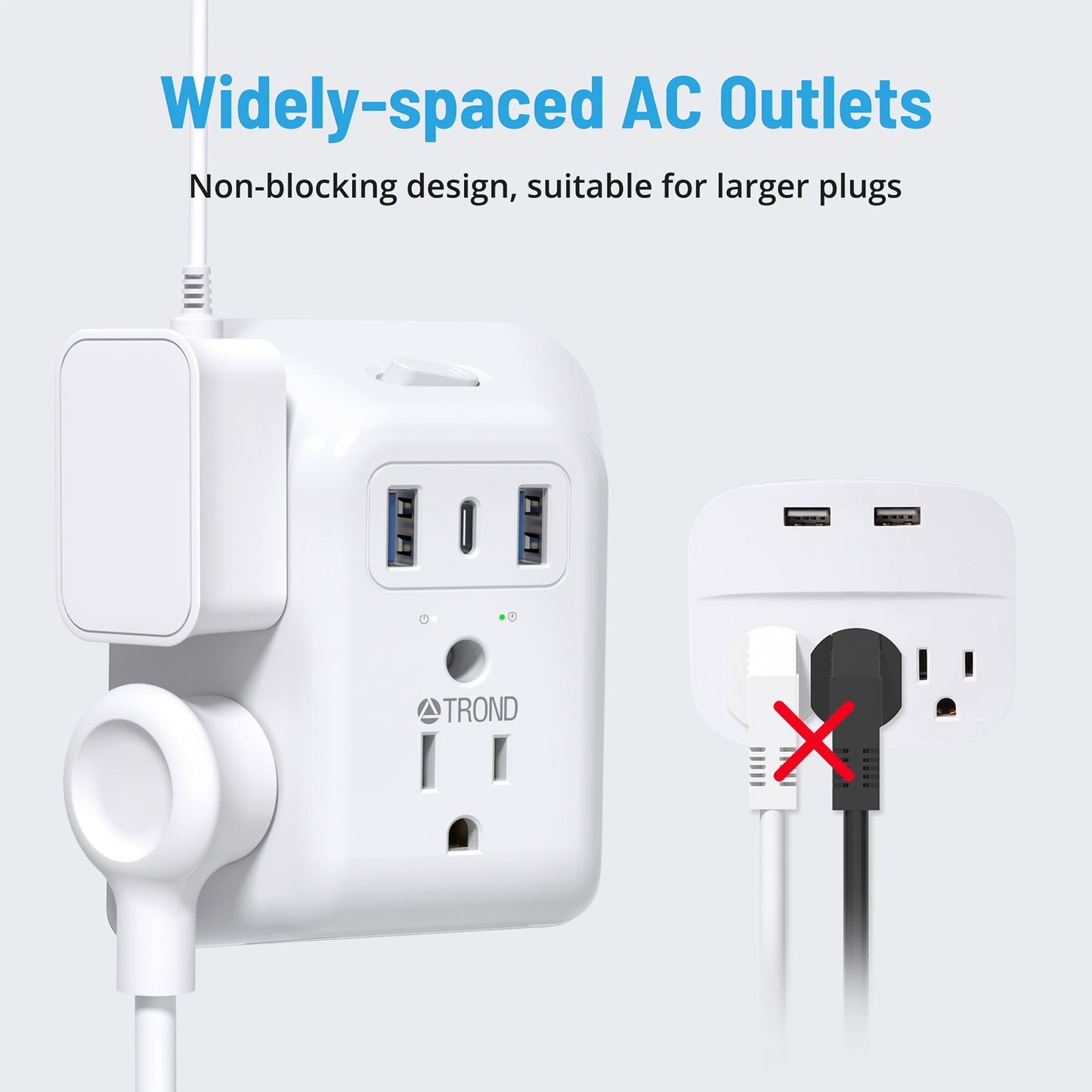 2 Prong to 3 Prong Outlet Adapter, TROND 5 Outlet Splitter with 3 USB Ports