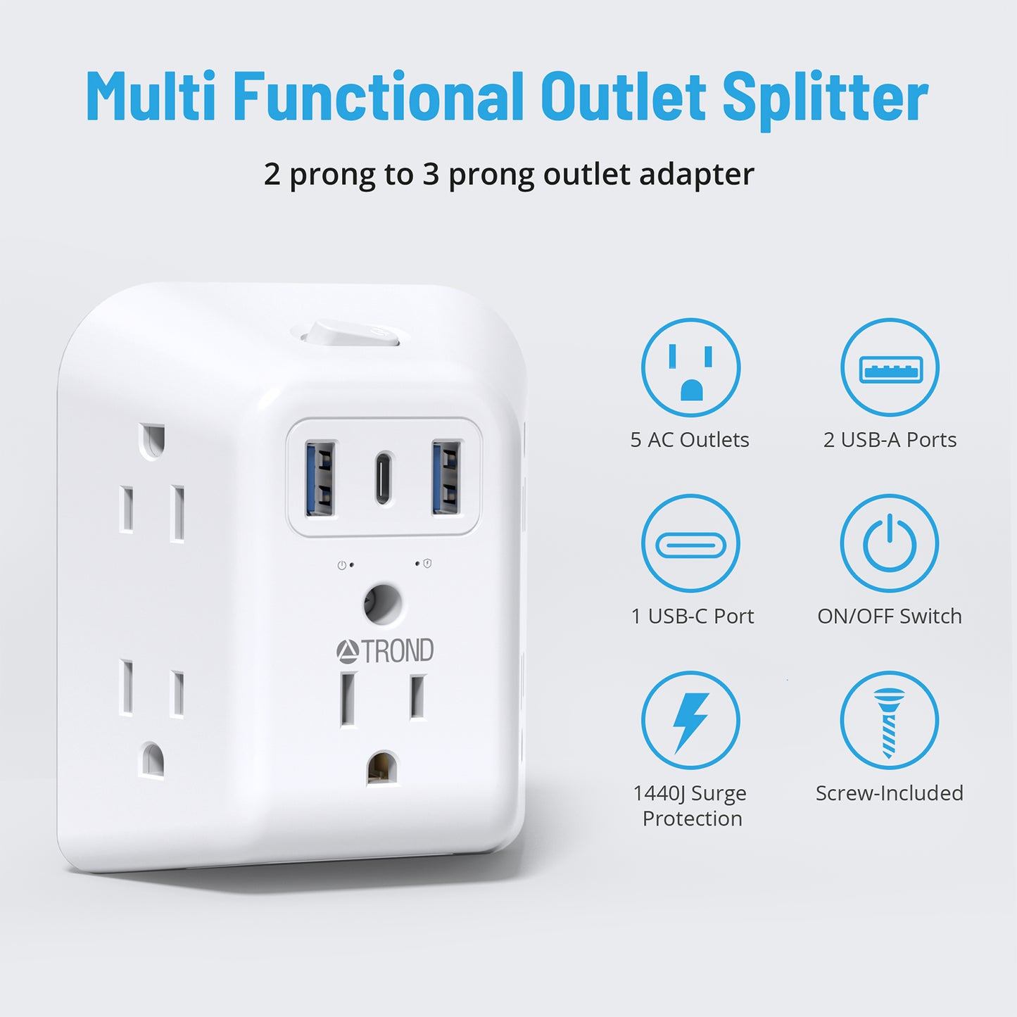 2 Prong to 3 Prong Outlet Adapter, TROND 5 Outlet Splitter with 3 USB Ports