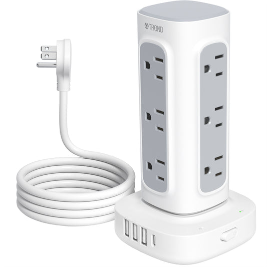 Power Strip Surge Protector Tower, Flat Plug Extension Cord with 12 Multiple Outlets