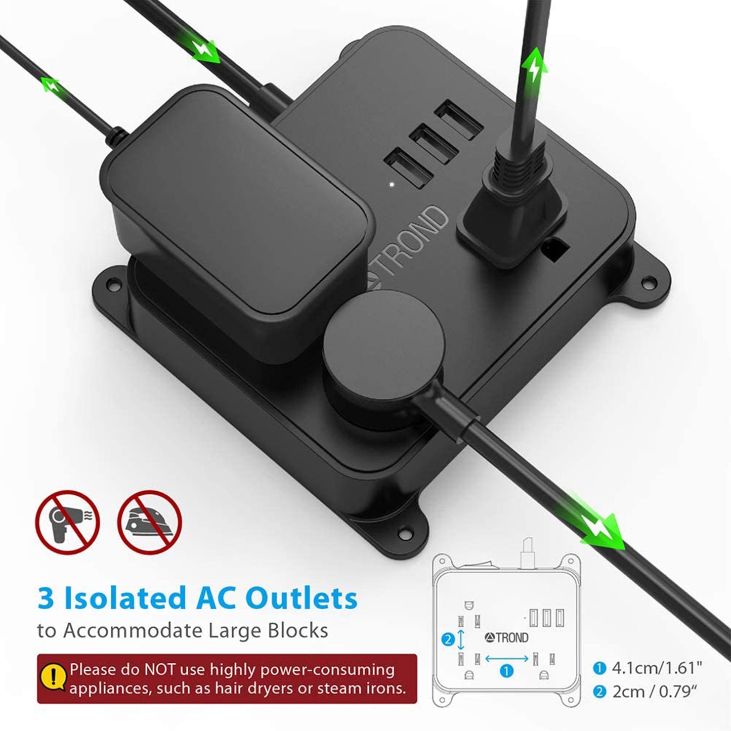 3-Outlet Power Strip w/ 3 USB Ports