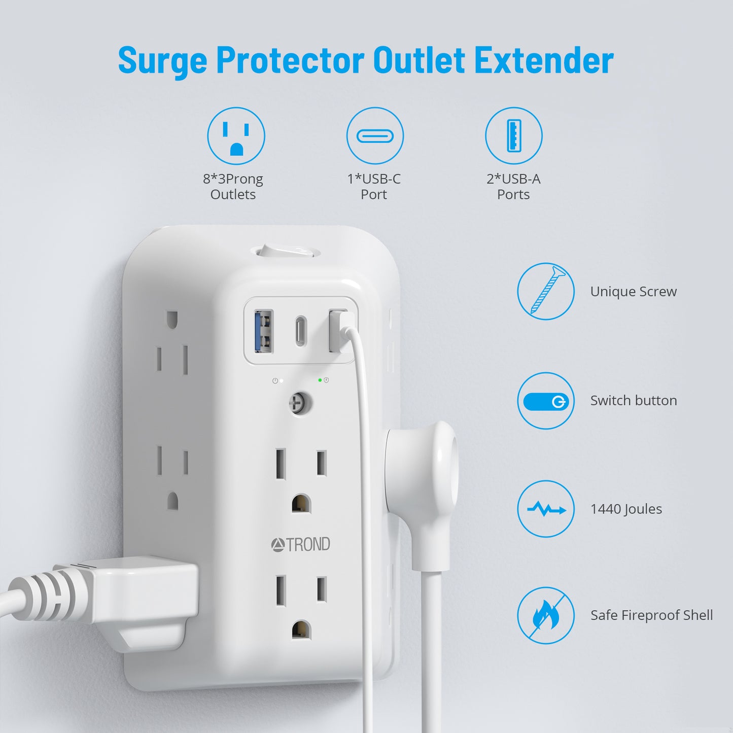 USB Wall Charger Surge Protector Power Strip, 8 Outlet Extender, 3 USB Charging Ports