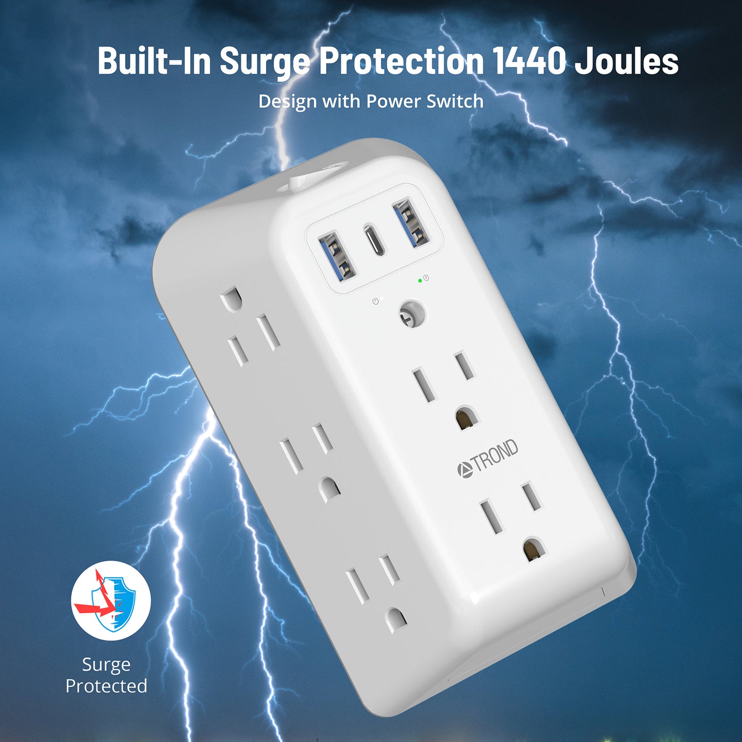 USB Wall Charger Surge Protector Power Strip, 8 Outlet Extender, 3 USB Charging Ports