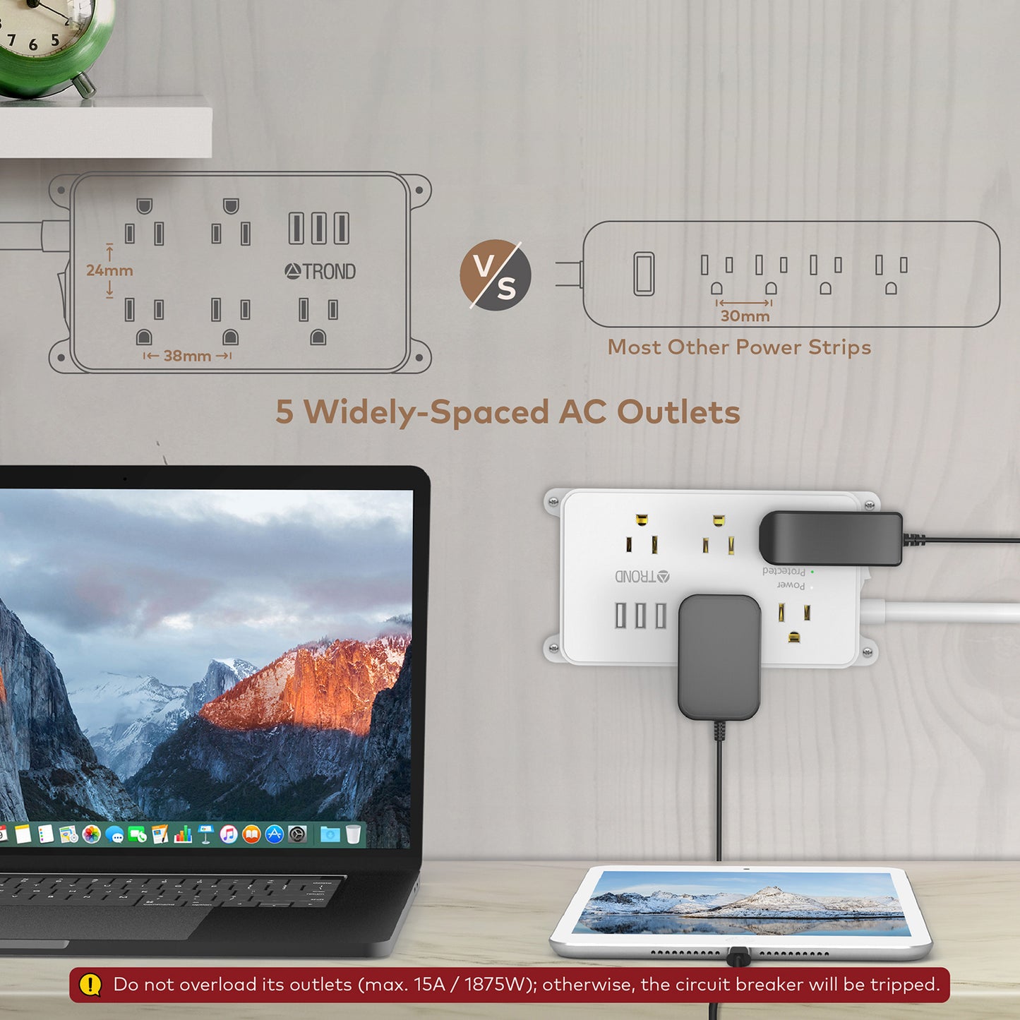 5-Outlet Surge Protector w/ 3 USB Ports, 1300J White