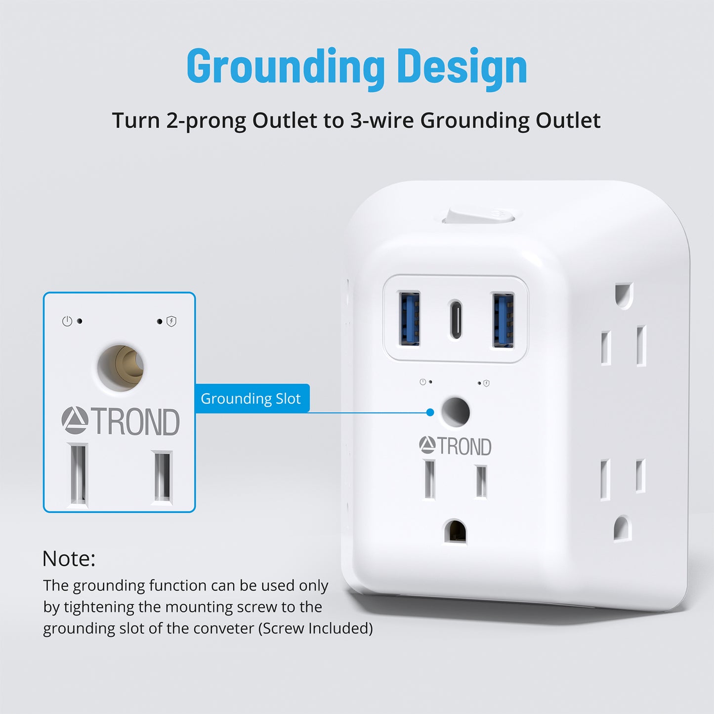 2 Prong to 3 Prong Outlet Adapter, TROND 5 Outlet Splitter with 3 USB Ports